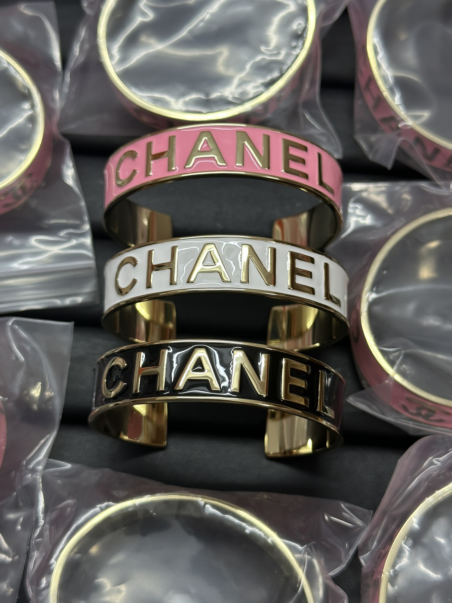 Chanel Embossed Monogram Open Cuff Bangle Bracelet - Original Replica Club