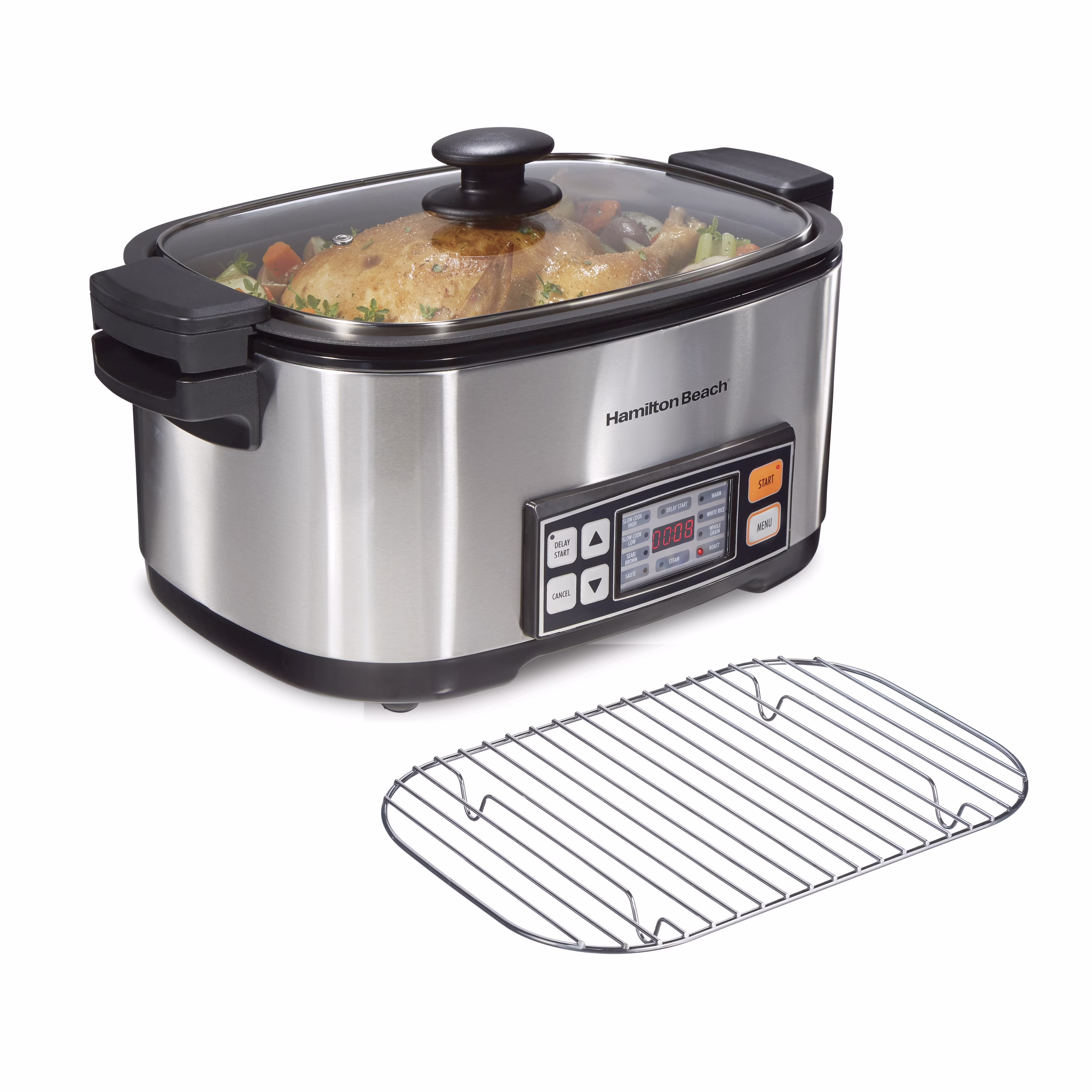 Hamilton Beach 9-in-1 Multi Cooker, 6 Qt Searing Slow Cooker, Nonstick Aluminum Crock with Removable Pot, Black