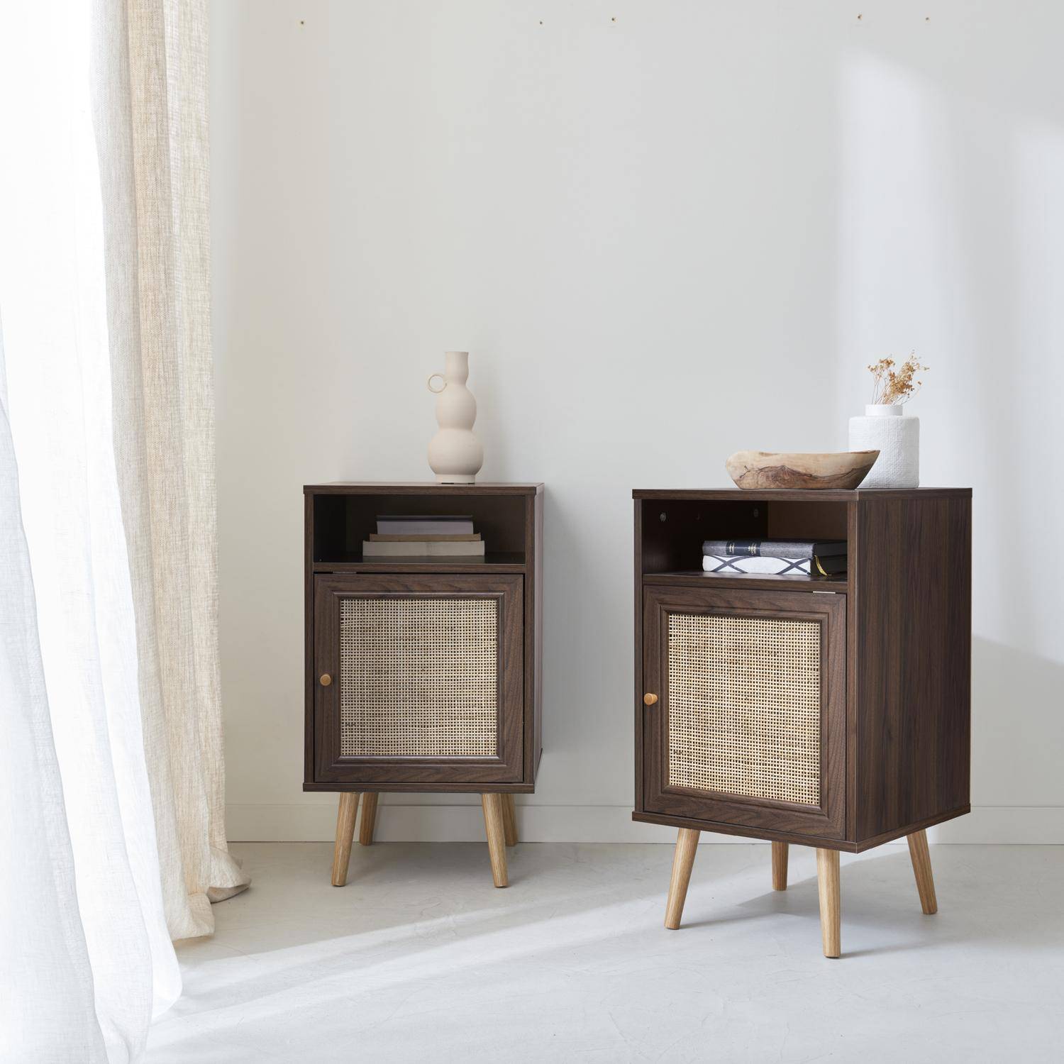 Boheme - Mesita de noche escandinava con efecto madera y caña, set de 2