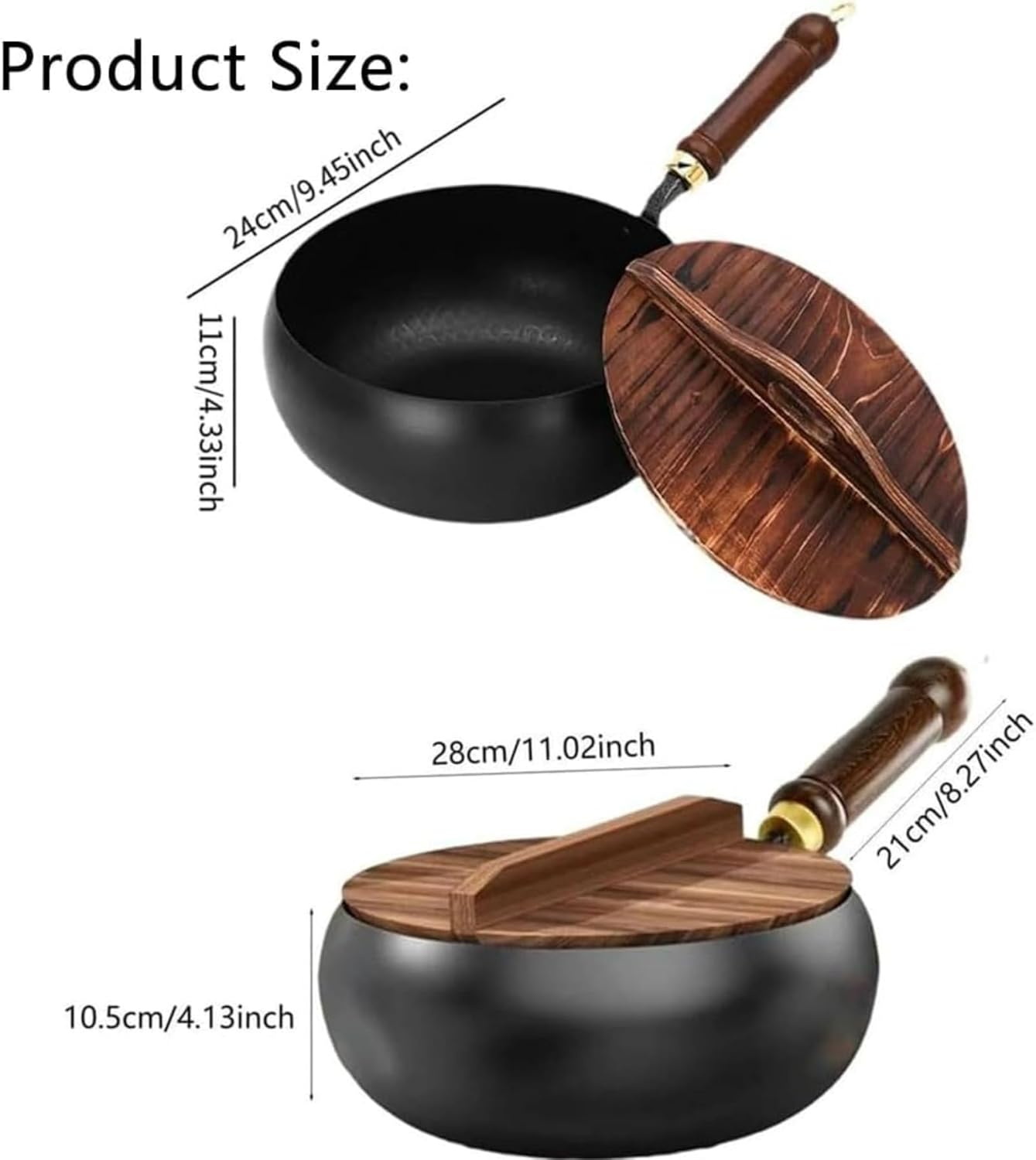 Uncoated Thick Iron Pot, Hand-Forged Japanese Cast Iron Pan with Lid, Non-Stick After Seasoning, Versatile Deep Wok for Frying & Searing, Induction Compatible Cookware (Glass cover,11in)