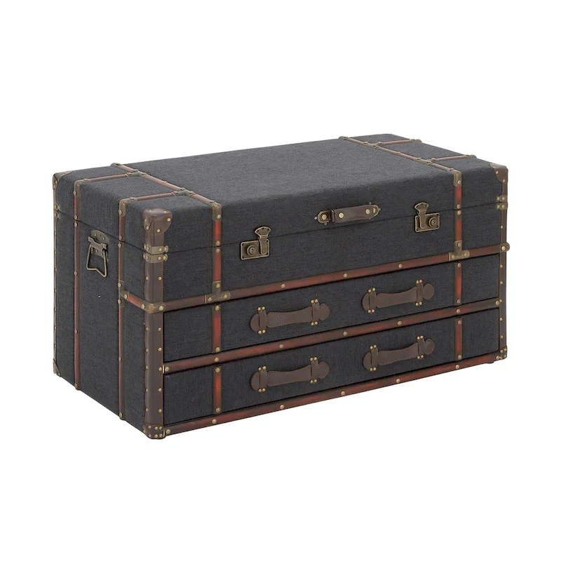 Roche River Decor Faux Leather or Linen Fabric Coffee Table Trunk with 2 Drawers and Buckle Hinged Top - Available in Dark Blue or Brown