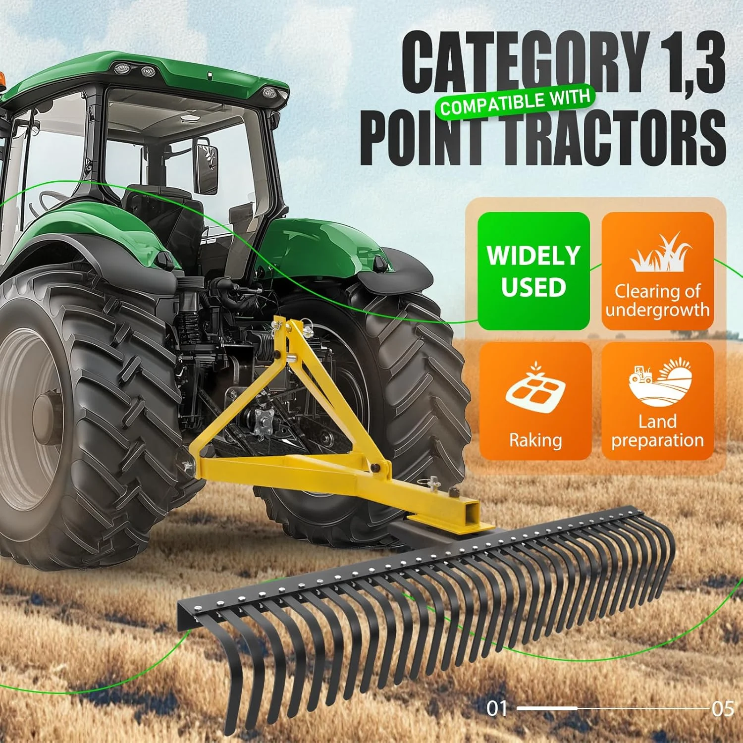 KOJEM 60In Landscape Rake 3 Point Rake 360 Degree Rotation Compatible with Category 1 Cat1 Compact Tractors Tow-Behind Garden Tool for Garden Farm Clearing Brush Raking Arenas 2 Package Yellow - Image 2
