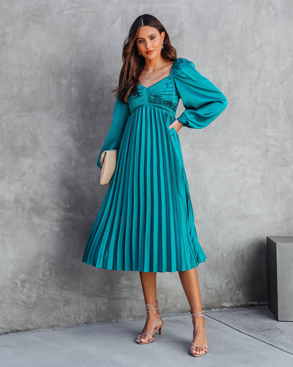 Romantic One Satin Pleated Midi Dress - Emerald - Se7enfashion