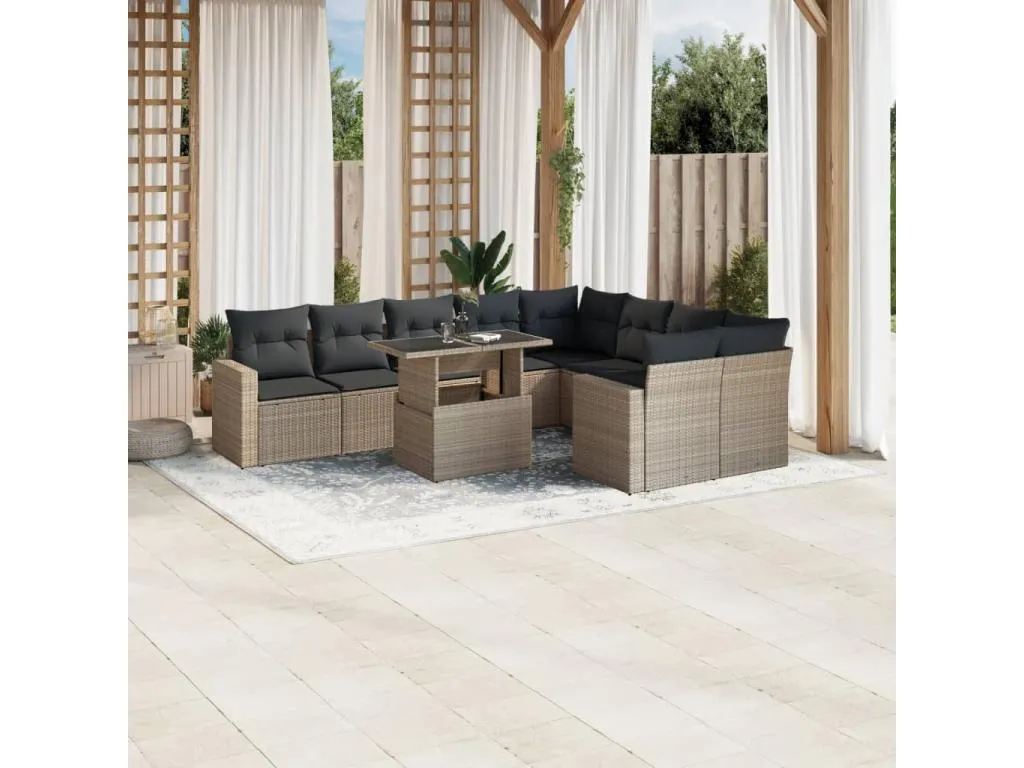 Set sofás jardín 10 pzas con cojines ratán sintético gris claro uuon11994