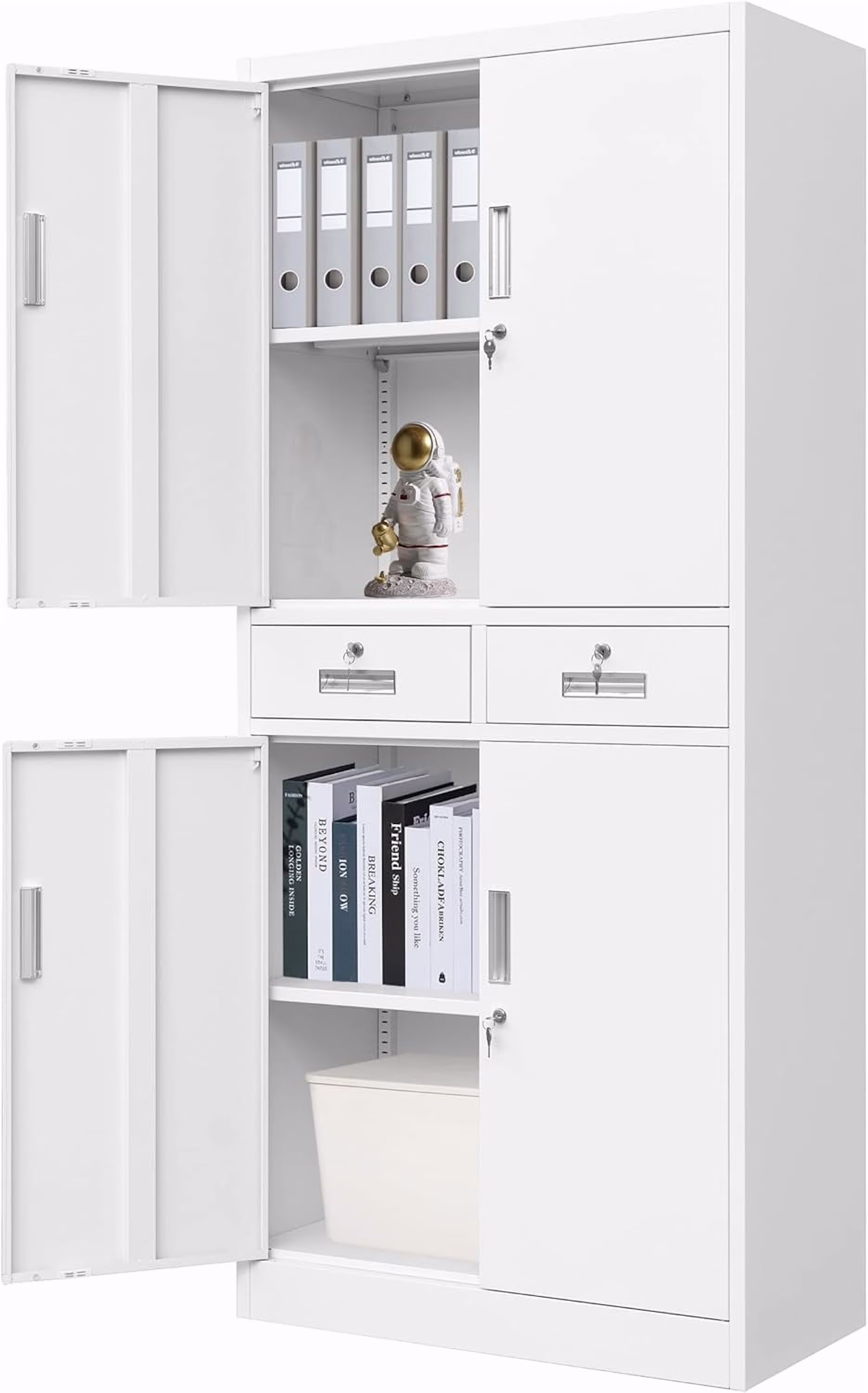 CMY Metal Storage Cabinet, 71" H x 32" W x 16" D Locking Cabinet with Adjustable Shelves and 2 Drawers, Steel Storage Cabinet for Office, Garage, Home, School, Utility Room - White(71"H/White-2 Drawers)