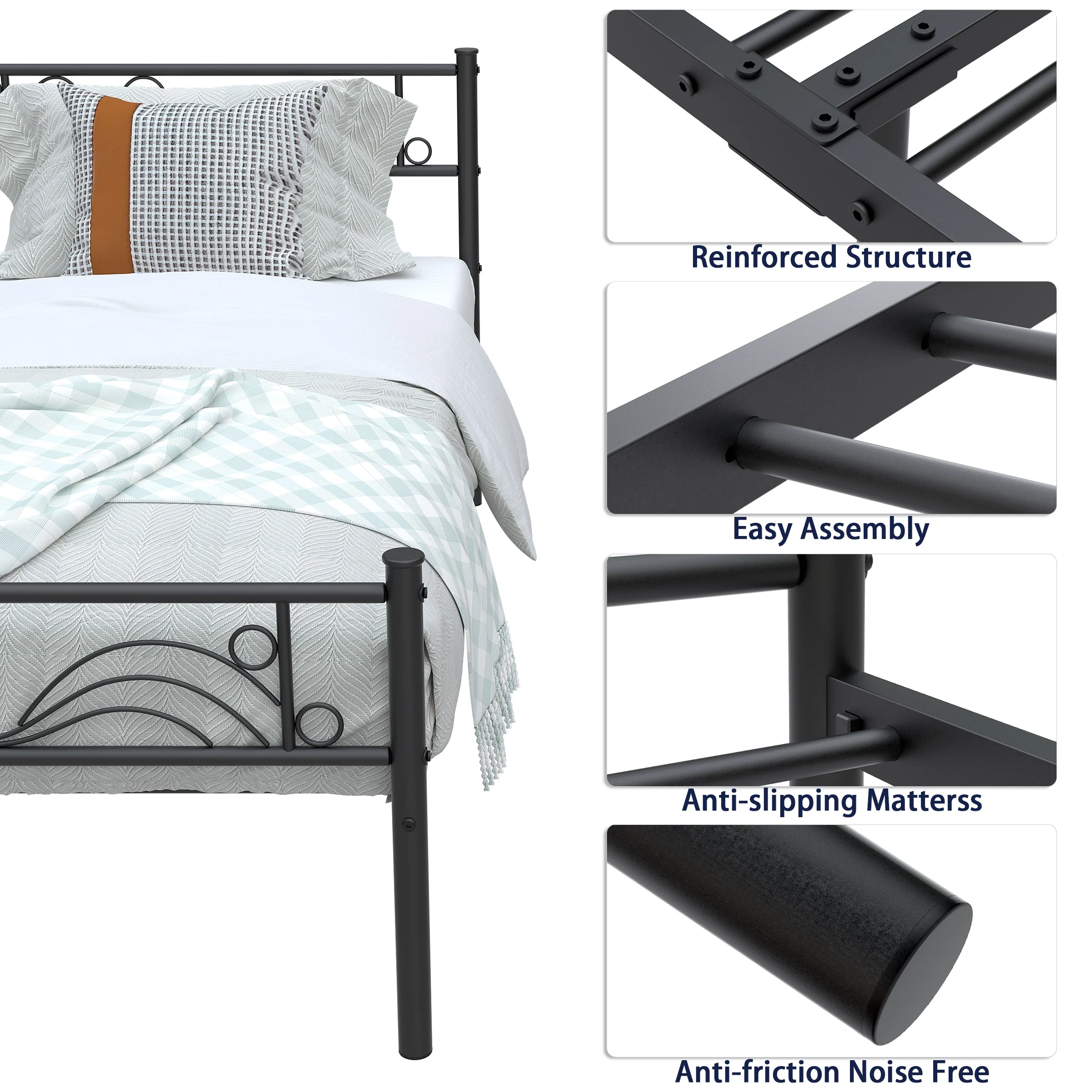 Yoneston Single Metal Platform Bed Frame Twin Size Bed frame with Headboard & Footboard Kids Bedroom Furniture,Black - Image 6