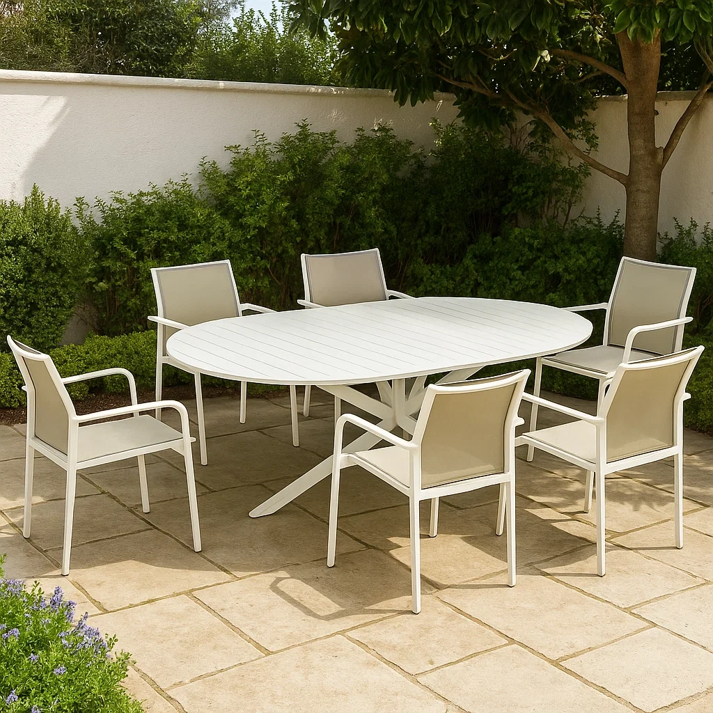 Conjunto de comedor de jardín para 6 personas, Estructura metálica, 6 sillas con respaldo de textilene, 1 mesa ovalada, Blanco - xLhYjxn184Tu