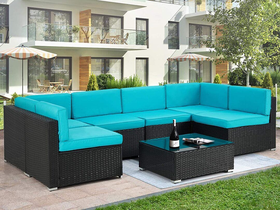 7 Piece Outdoor Patio Furniture Set, PE Rattan Wicker Sofa Set, Outdoor Sectional Furniture Chair Set with Khaki Cushions and Tea Table
