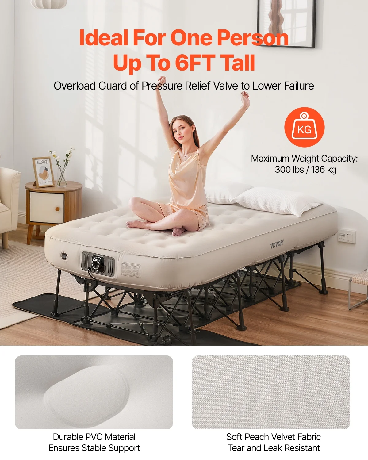 VEVOR Air Mattress with Frame, Inflatable 1 Person Camping Cot with Built-in Pump, Portable Folding Air Beds Supports 300 lbs, Blow Up Anywhere Bed for Guests Camping Travel Indoor & Outdoor Use - Image 4