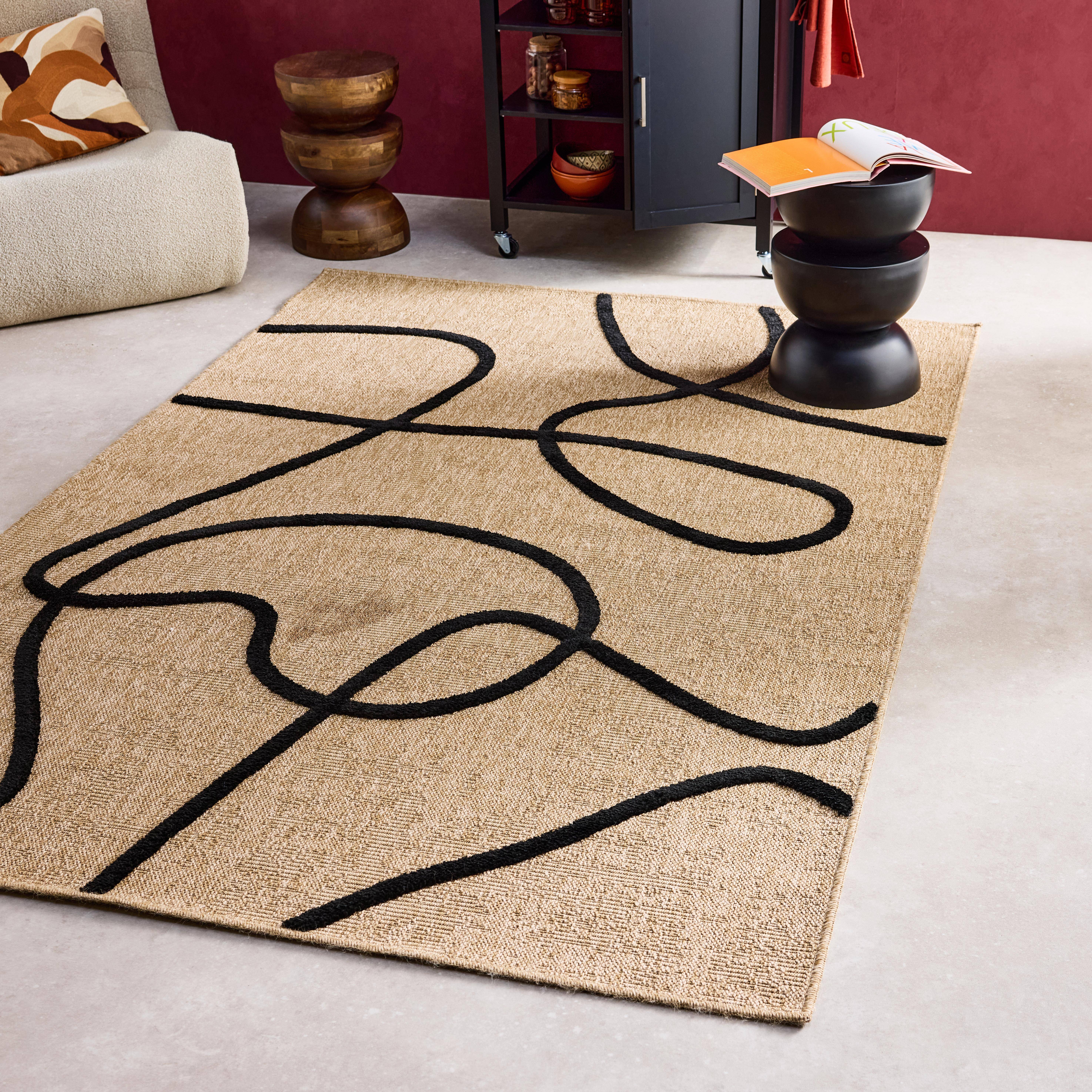 Thomas - Alfombra interior efecto yute, motivo gráfico en relieve negro