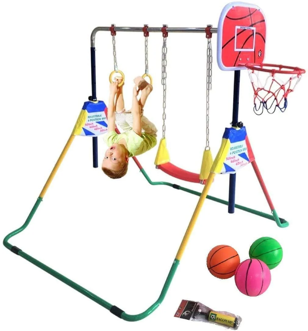 Adjustable Height Gymnastics Bar for Kids Kip Bar 6 in 1 Set, 6'x2' Gymnastic Tumble Mat, Swing Seat, 2 Trapeze Rings, Basketball Hoop, Home Junior Training Monkey Bars Fitness Balance Horizontal Bar - Image 8
