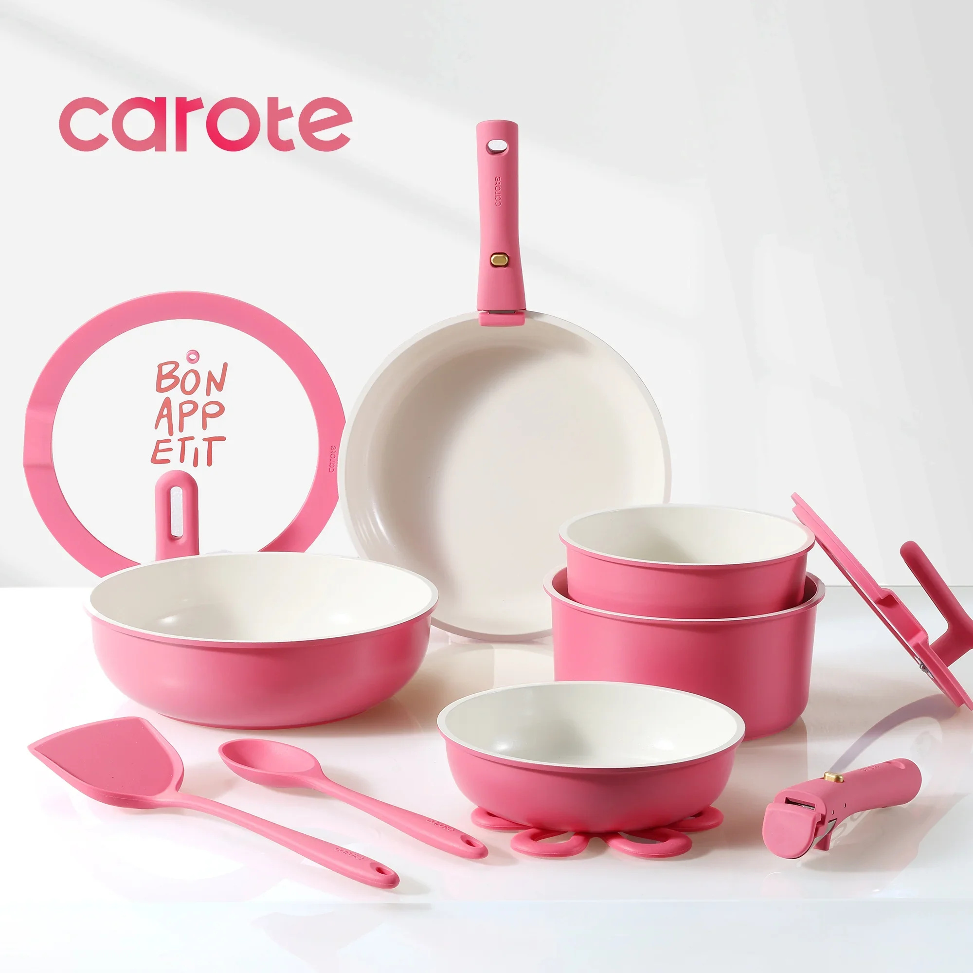 Carote 18 Pcs Ceramic Nonstick Cookware Set, Pots and Pans Set with Detachable Handles, Oven/Dishwasher Safe, Stackable Kitchen Cooking Set, White