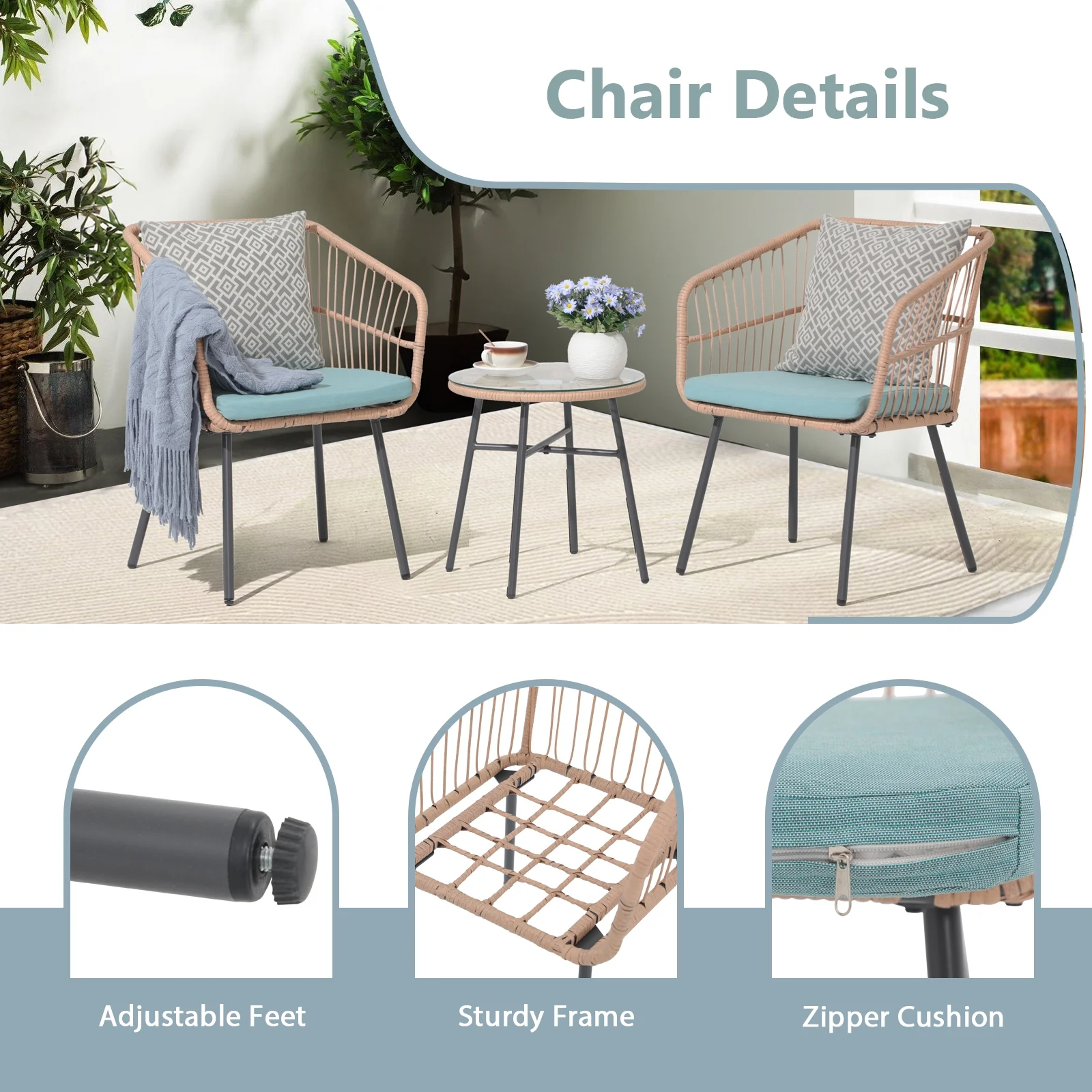 Patio Furniture Set, Betcozy3 Pieces Outdoor Chairs Set with Glass Coffee Table for Garden, Bistro, Porch, Balcony, Backyard - Image 17