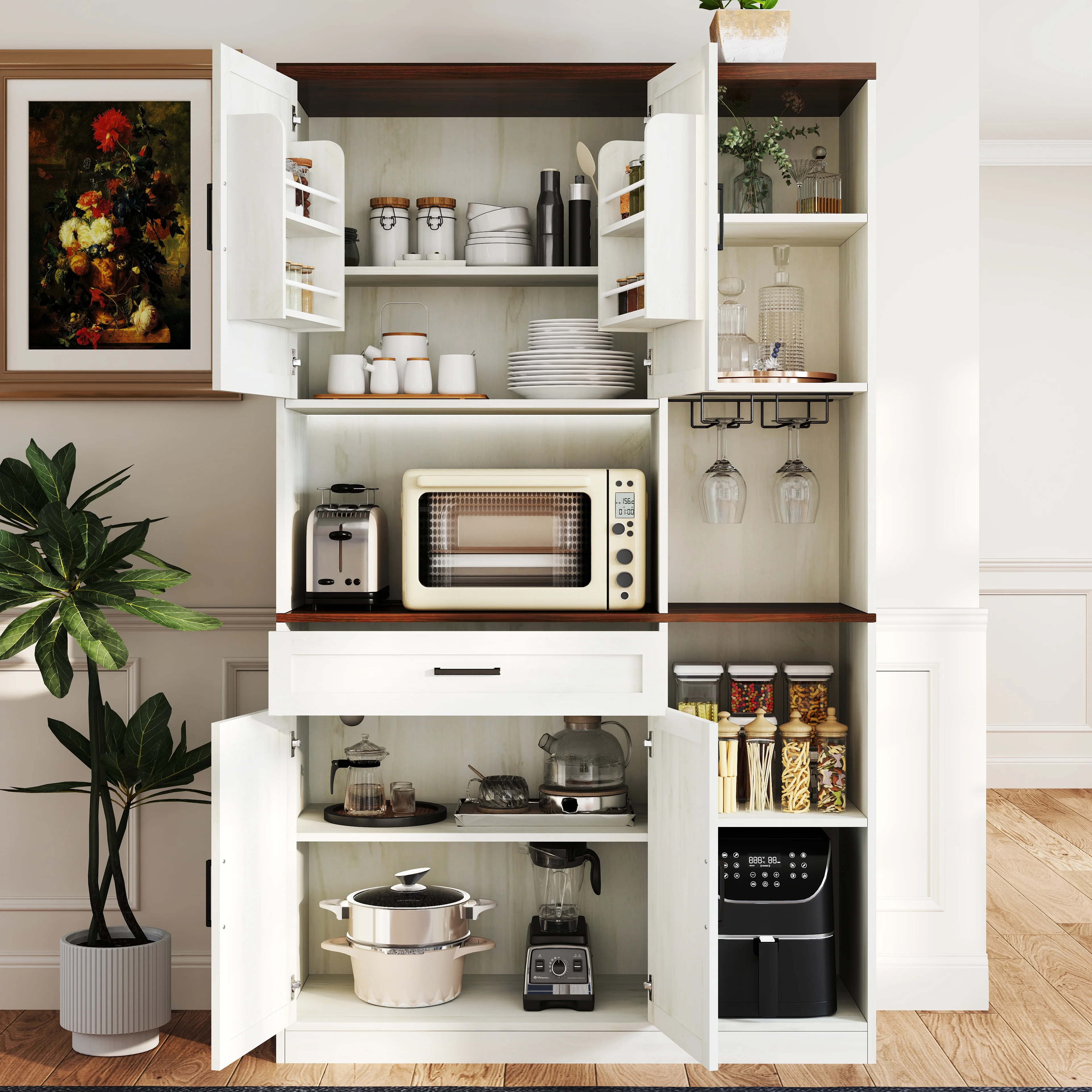 TrumanPick 61"H Large Buffet Sideboard Cabinet, TV Cabinet, Kitchen Pantry for Dining Room, Living Room, 61.3''L x 15''W x 29.8''H, White/Walnut - Image 58