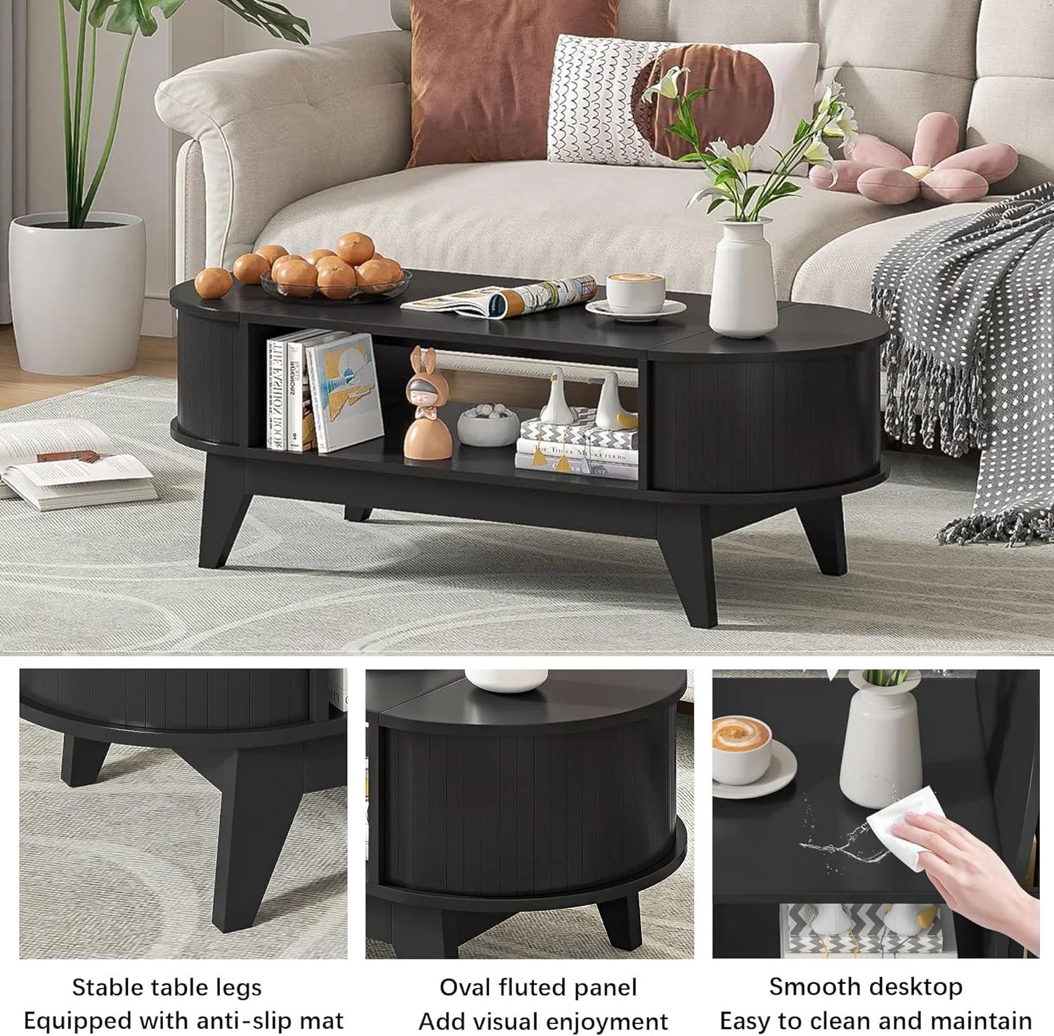 Fluted Coffee Table with Storage, Modern Coffee Tables, Wood Accent Center Table - Image 10