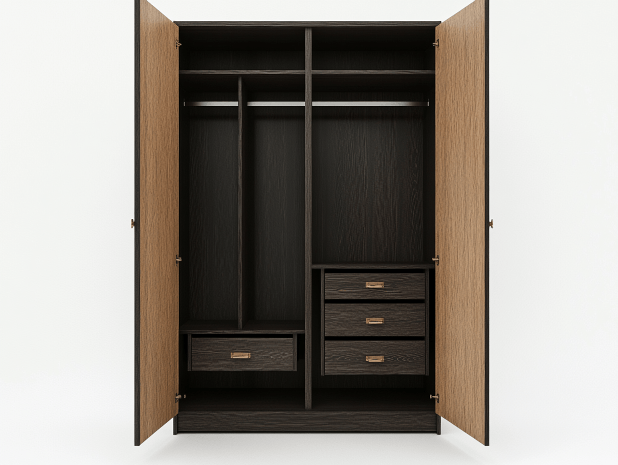 Armario de madera con 2 puertas – 130×60×200 cm – acabado roble natural y wengué – con 4 cajones y doble barra de colgar – estilo contemporáneo