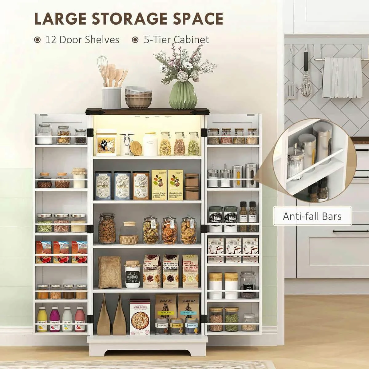 Spaco 17-Tier Kitchen Small Pantry Cabinet with 2 Doors and 6 Adjustable Shelves, Cabinet Pantry, Freestanding 5-Tier Shelving Pantries for Kitchen Storage, Gray - Image 25