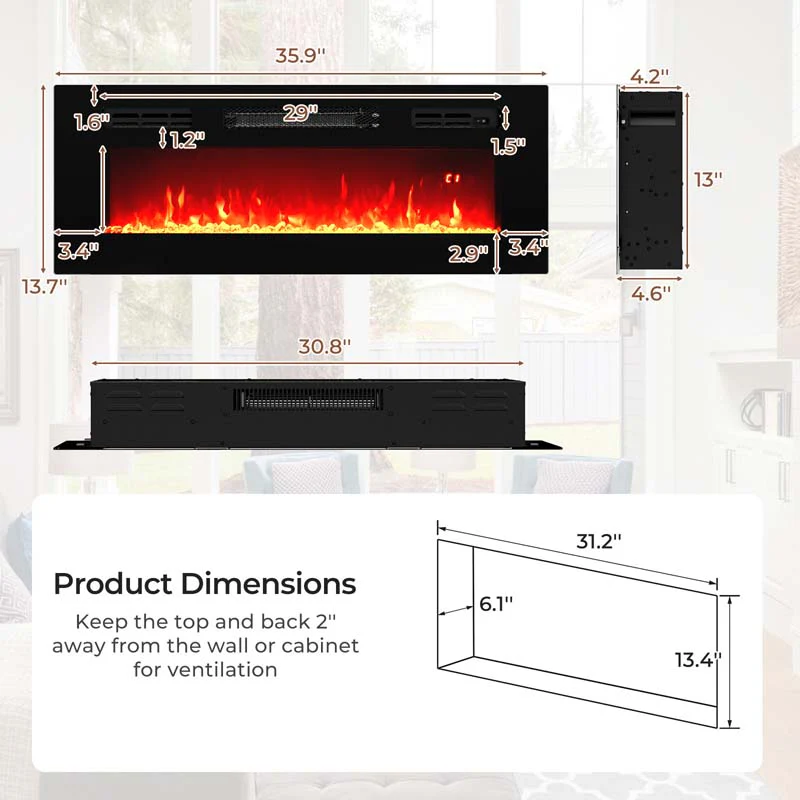 Eletriclife 36 Inches Electric Fireplace Heater Recessed with LED Strip Lights