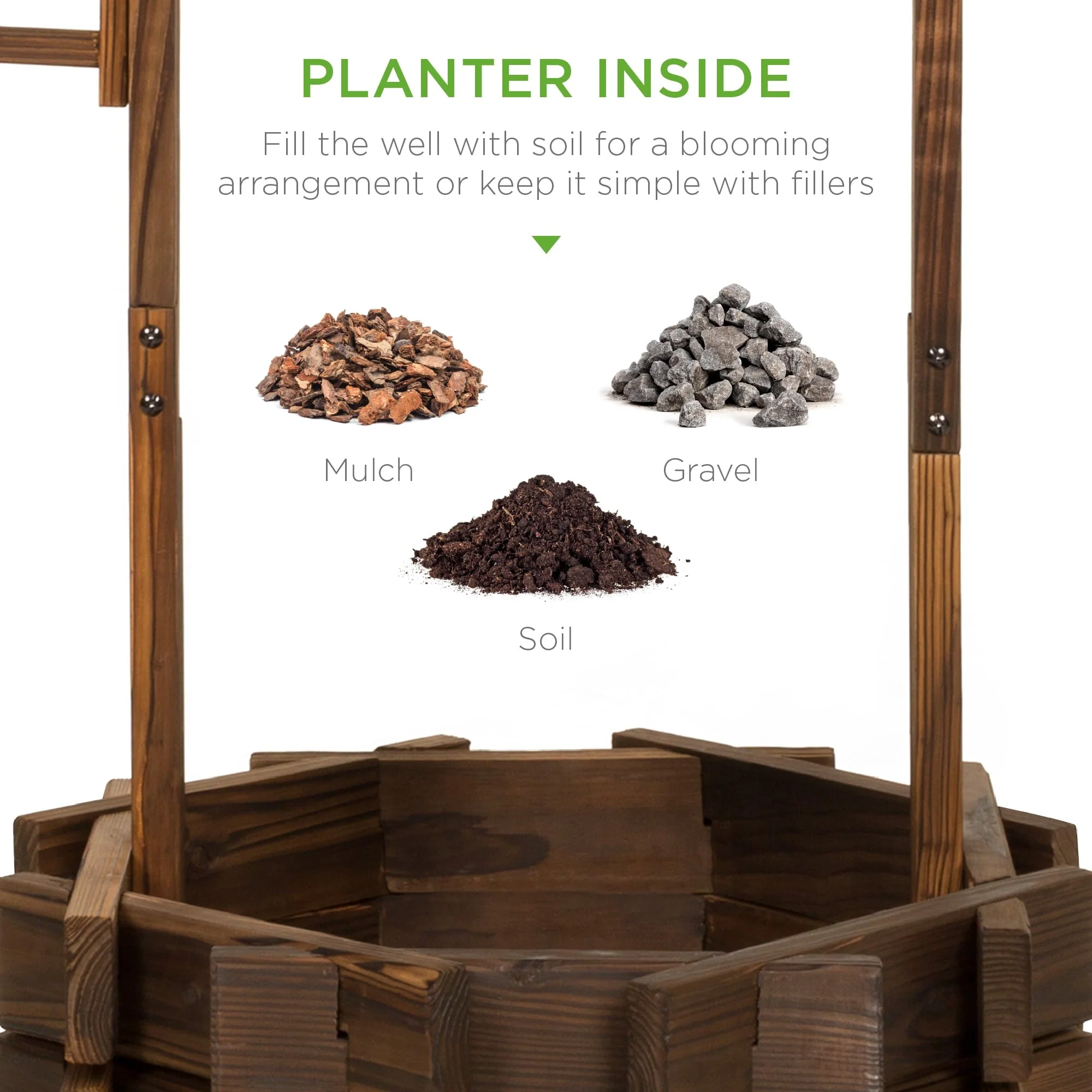 Best Choice Products Rustic Wooden Wishing Well Planter Outdoor Home Decor for Patio, Garden, Yard w/ Hanging Bucket - Image 5