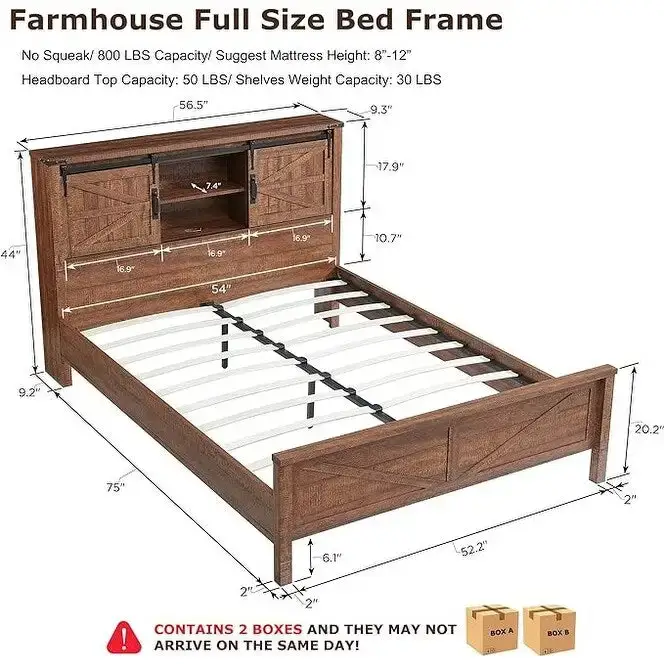 Farmhouse Platform Bed with Storage Headboard Sliding Doors and Charging Station