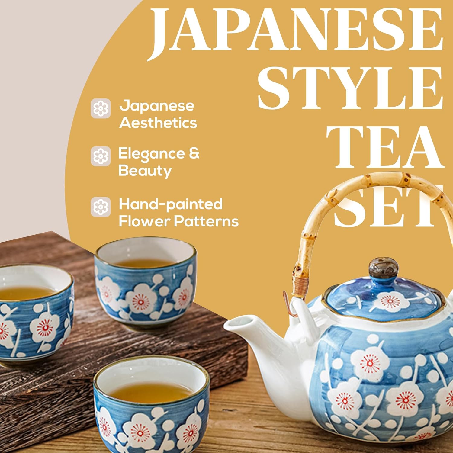 Japanese Tea Set, Japanese Style Porcelain Tea Sets for Adult, 1 Ceramic Tea Pot with Handle & 1 Stainless Steel Tea Filter & 4 Tea Cups (Sakura)