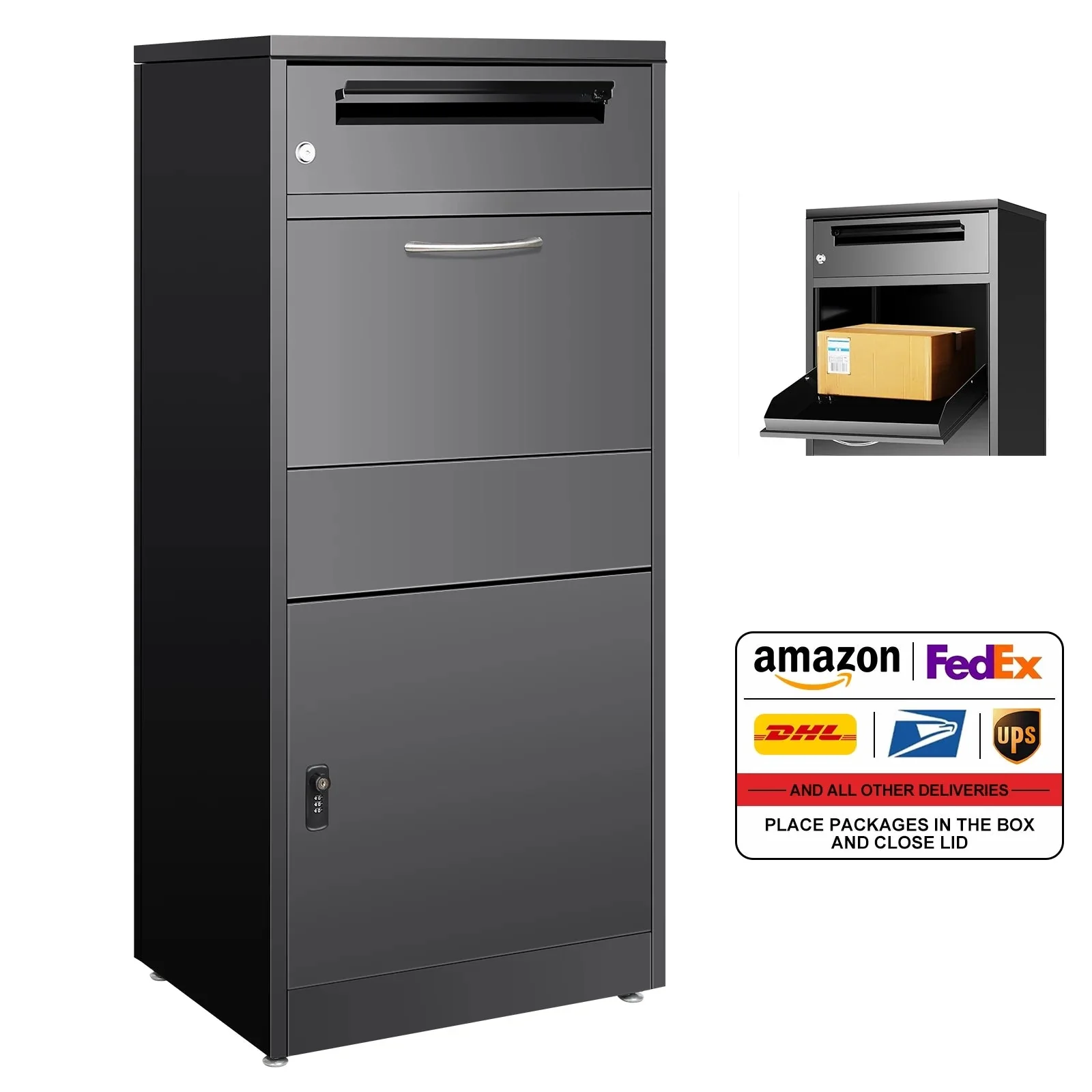 Gaonala Steel Package Delivery Box 19.6x14.4x44.9in Lockable Weather-Resistant Black - Image 13 Gaonala Steel Package Delivery Box 19.6x14.4x44.9in Lockable Weather-Resistant Black - Image 13