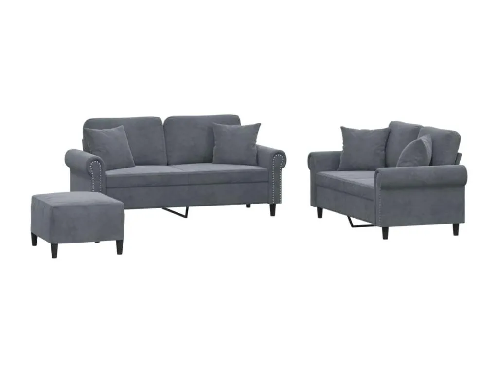 Juego de sofás con tres piezas y cojines en terciopelo gris oscuro  FD6552558