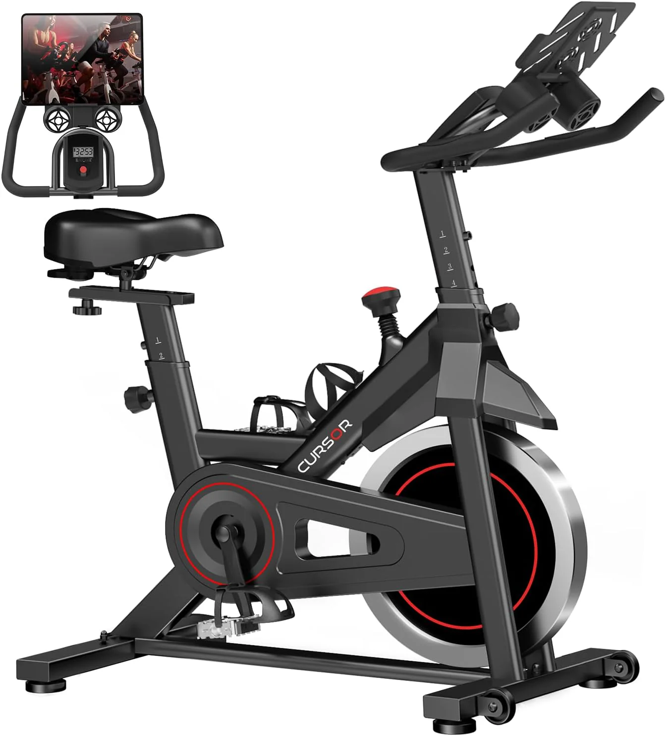 CURSOR FITNESS Exercise Bike, Stationary Bikes for Home, 300 LBS Capacity, Workout Bike with Silent Belt Drive, Indoor Cycling Bike with Extra Comfort Seat/IPad Mount/3 Bottle Holders