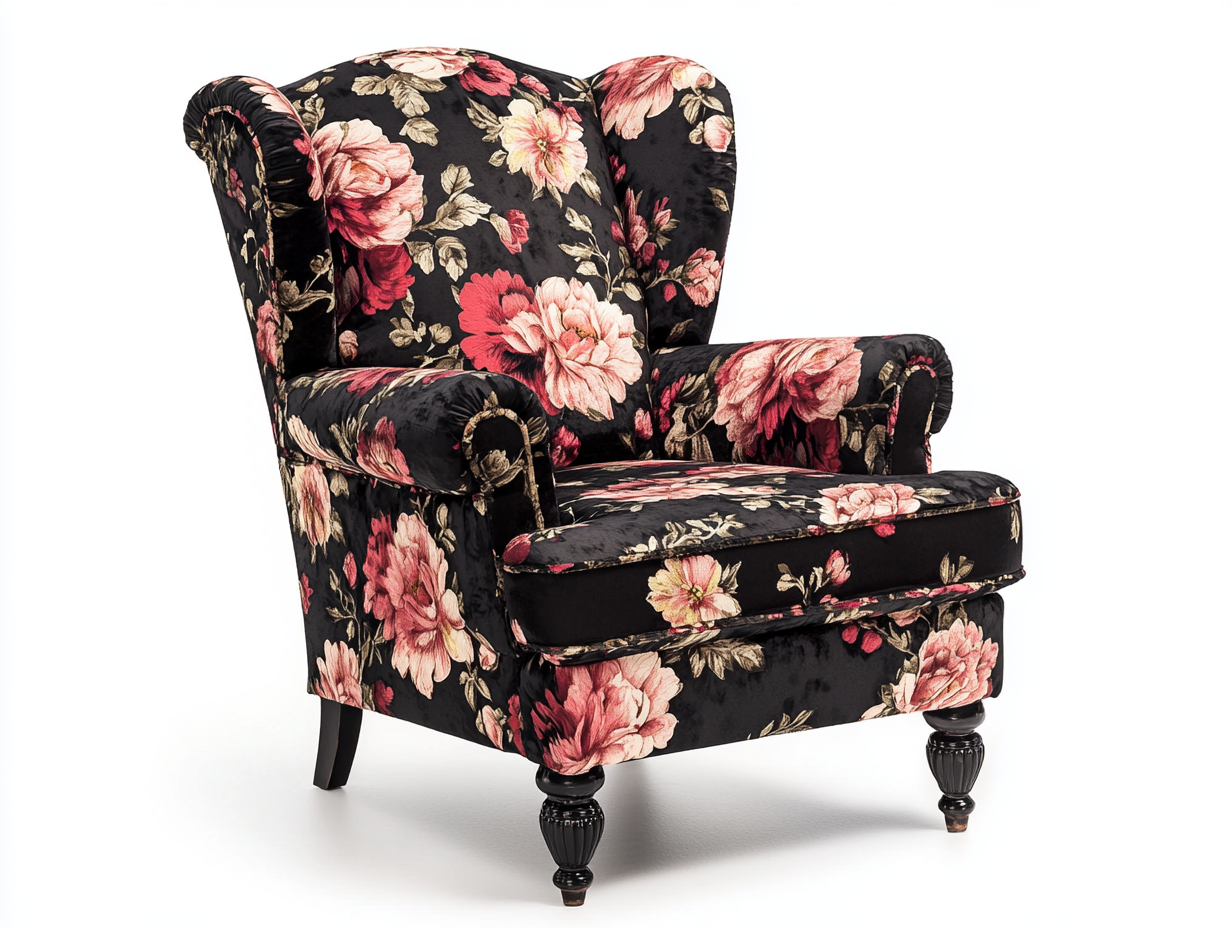 Sillón de brazo enrollado – estampado floral negro – madera 80x85x95 cm – elegante y clásico