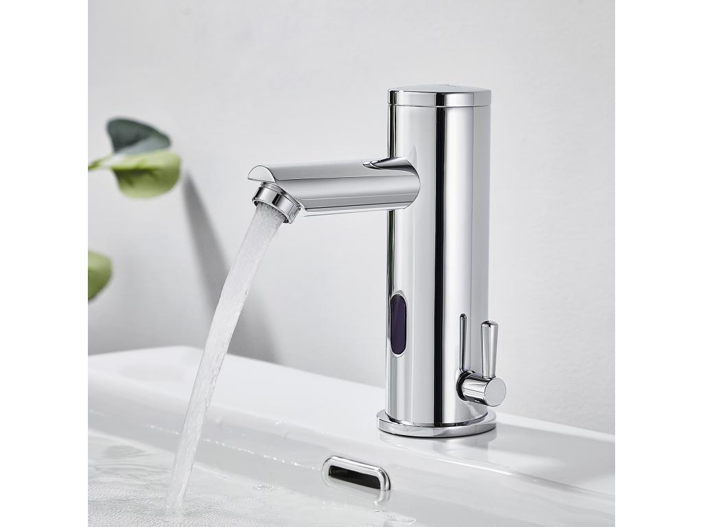 Casaplu Mezclador Lavabo Infrarrojo Electrónico Agua Fría/Caliente en Latón Cromo+Porta Toalla Baño Adhesivo/Perforación,Cepillado