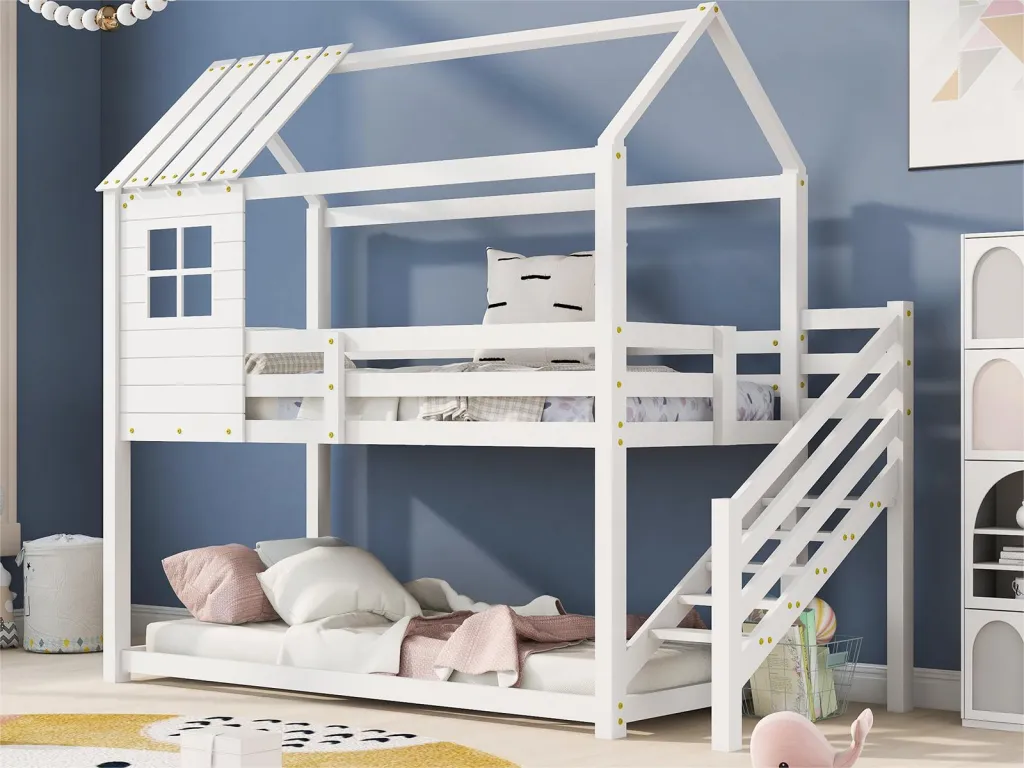 Litera de 2 plazas - 2x90x200 cm - Homepleno - somier de láminas - color blanco jwmt49246