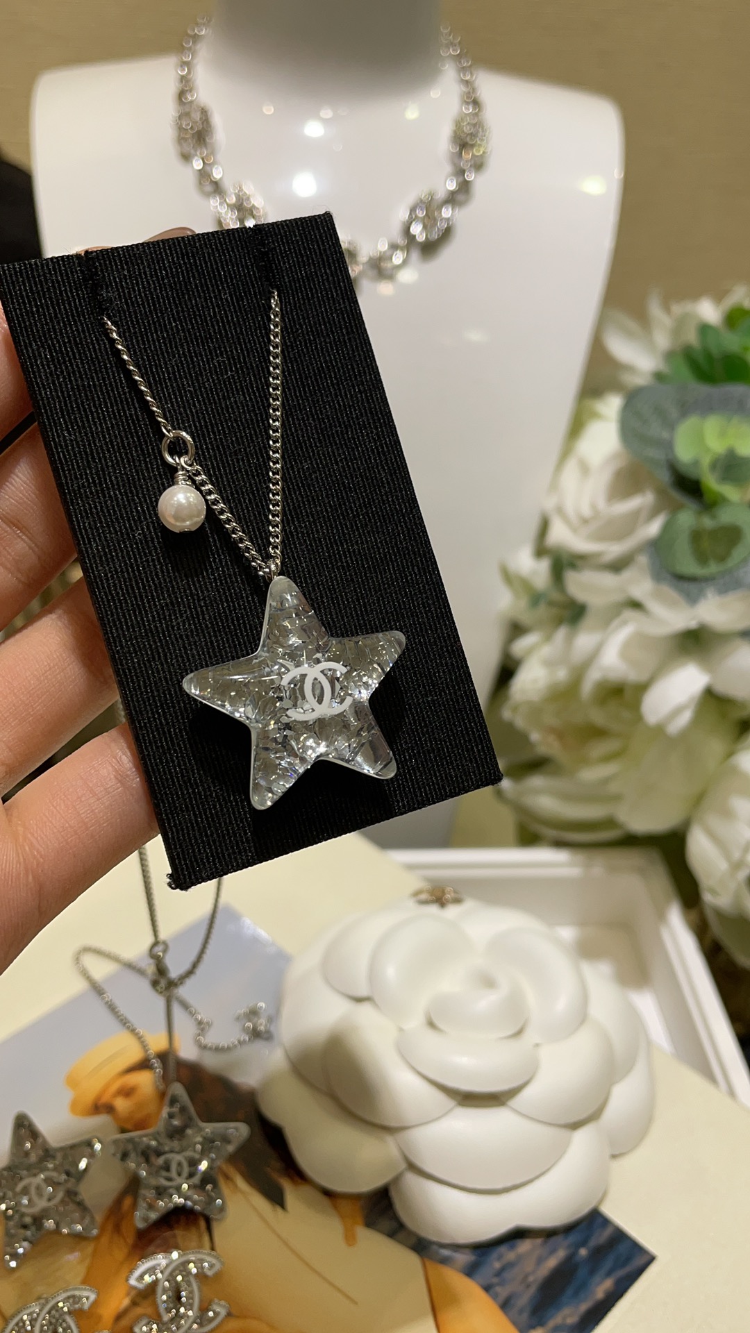 Chanel Silver Shiny Star Necklace and Earrings - Original Replica Club