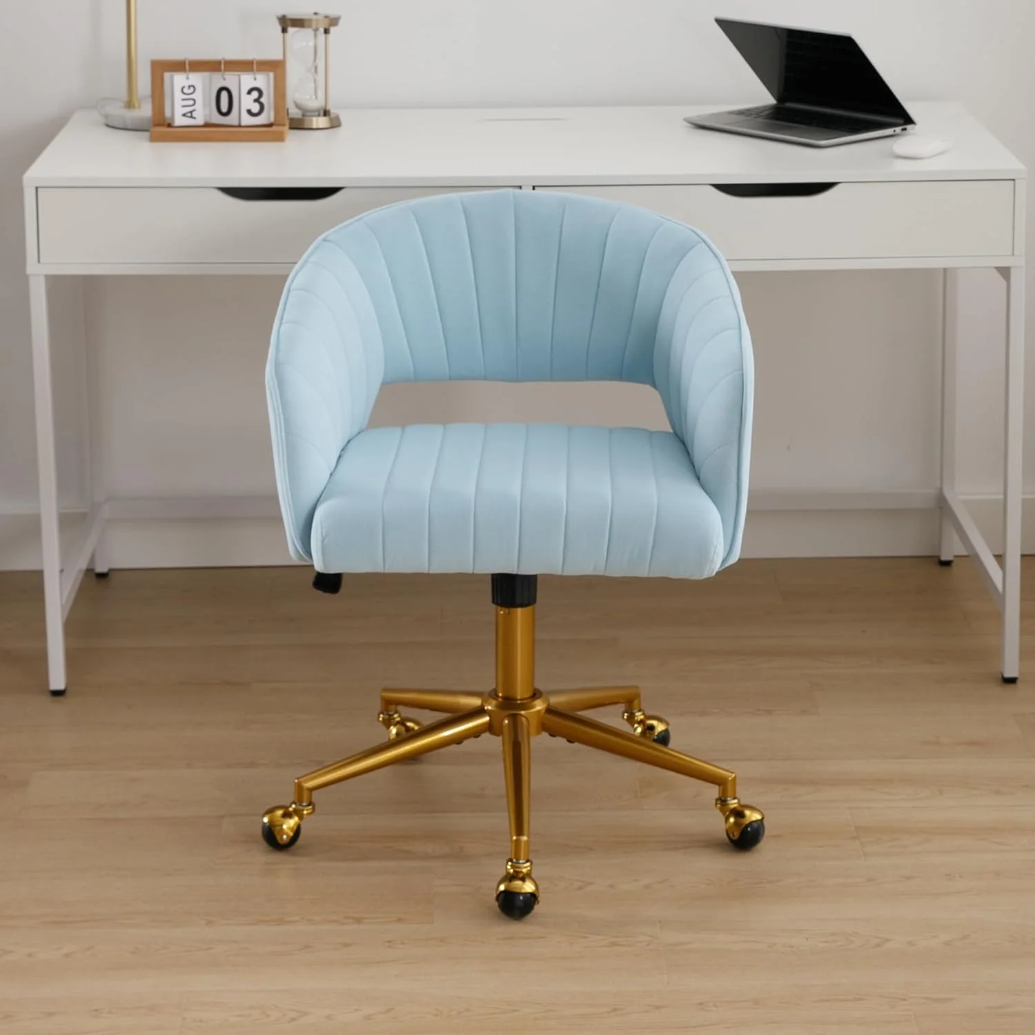 Westice Home Office Desk Chairs, Velvet Task Chair, Height Adjustable Swivel Vanity Chair with Golden Base for Vanity Study, Living Room Computer Room, Beige - Image 46