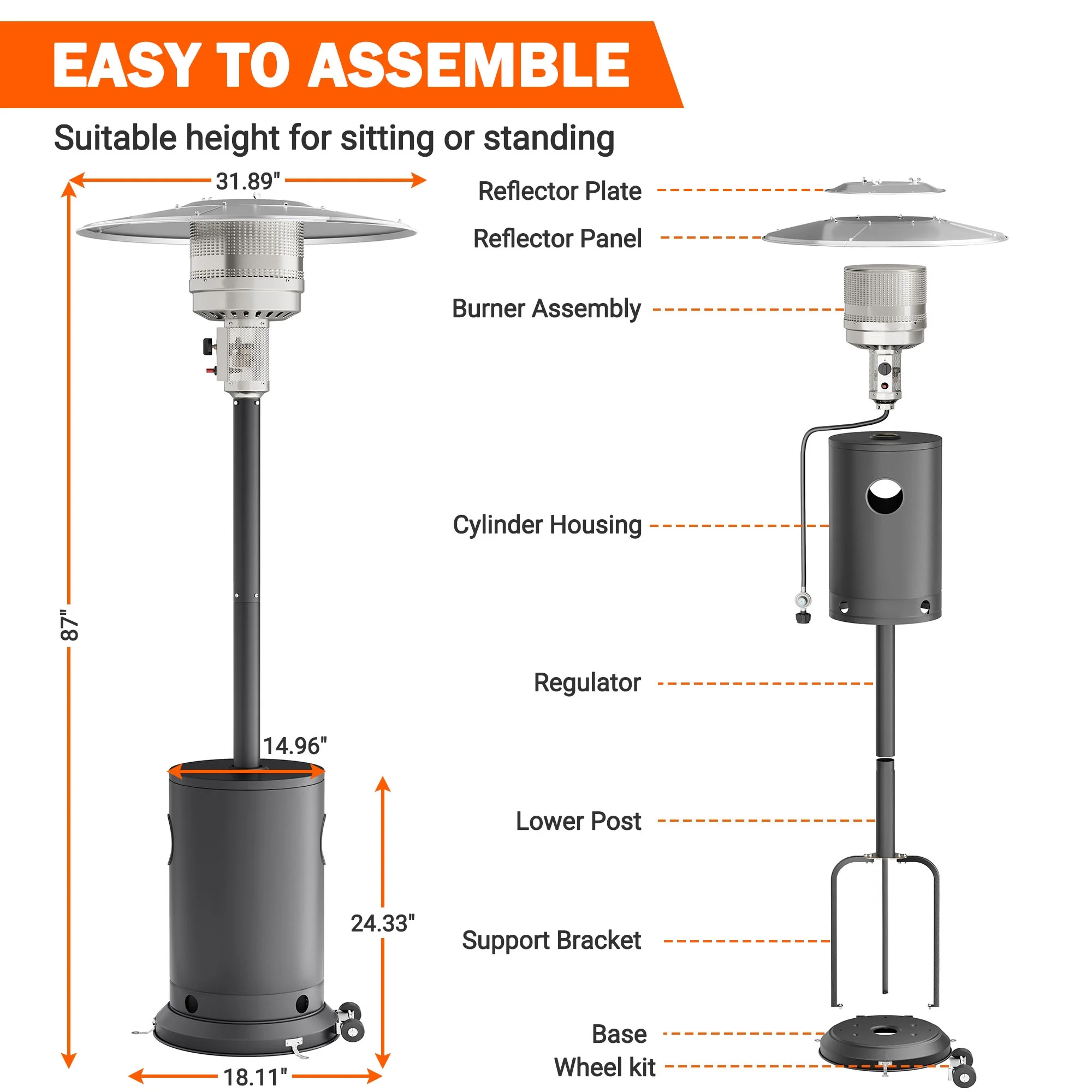 Patio Heater for Outdoor Use, 50,000BTU Propane Heater with Wheels and Adjustable Thermostat, Heavy Duty Stainless Steel Patio Heater, Freestanding Heater for Backyard, Deck, Garden, Silver - Image 9