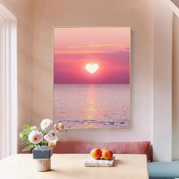 50x70cm Framed Ocean & Pink Healing Wall Art, Nordic Style Canvas Print with PS & Aluminum Alloy Frame, European Minimalist Crystal Porcelain Painting for Living Room