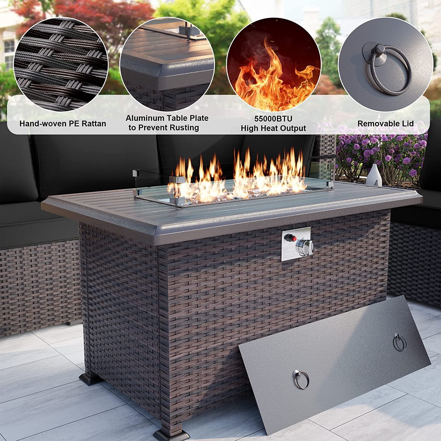 Gotland 13 Pieces Outdoor PE Rattan Wicker Patio Furniture Set with 43" Fire Pit Table Outdoor Steel - Image 2