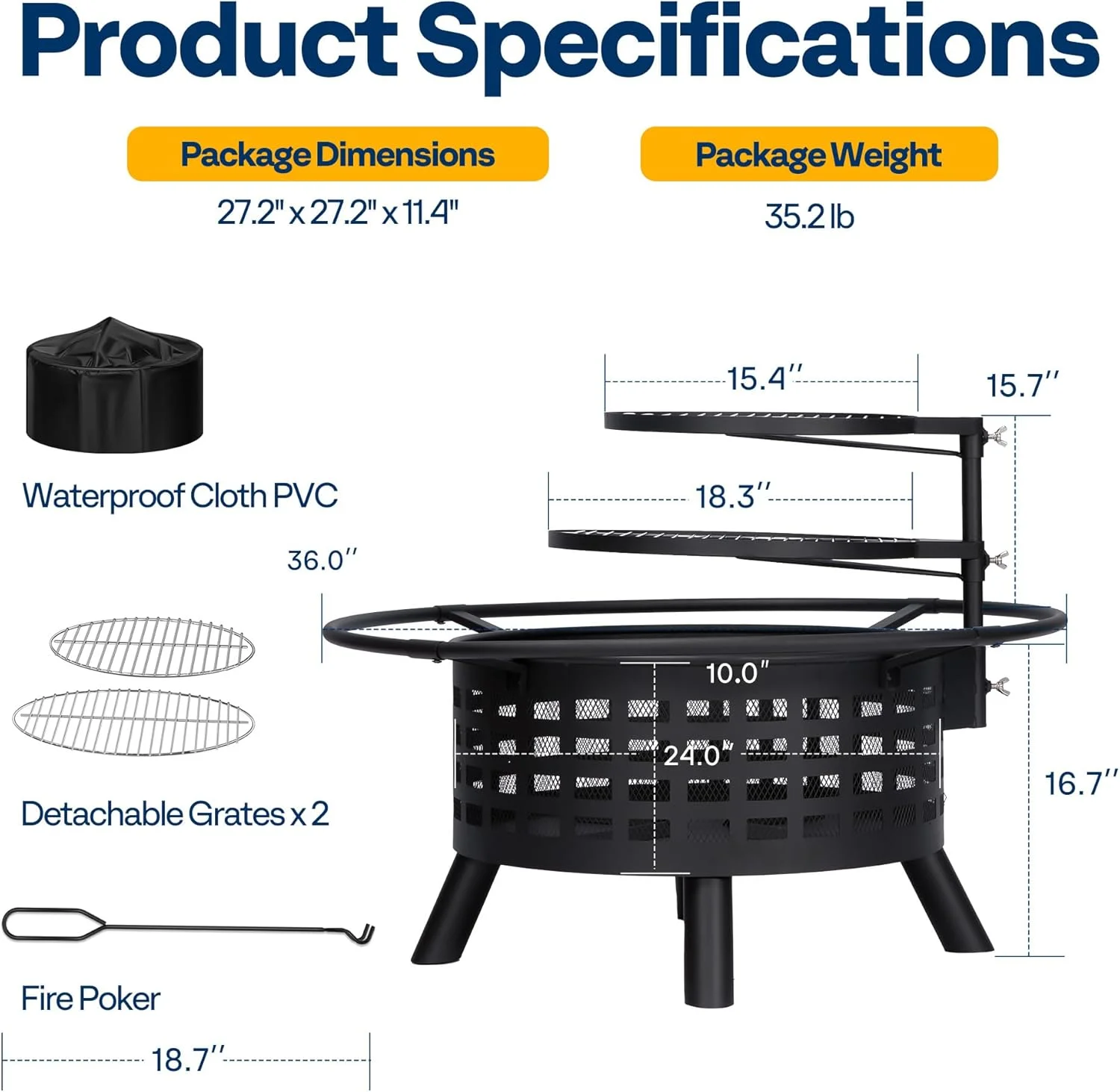 SPECSTAR 3-in-1 Fire Pit-35 in Wood Burning Firepits with Cooking Grill Grate & Charcoal Pan & Cover Lid, Metal Table for Backyard Bonfire BBQ Outdoor Camping Picnic - Image 14