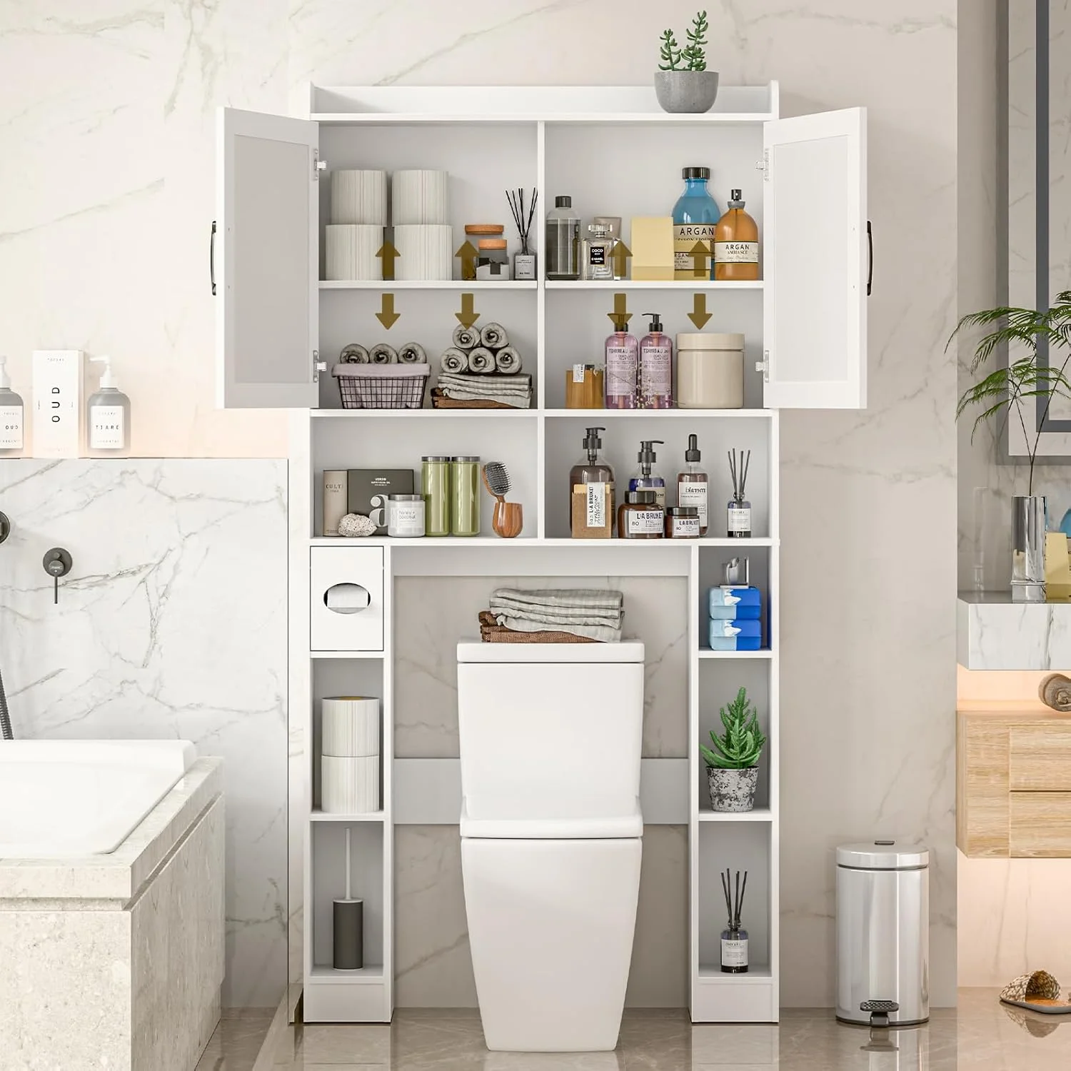 Vabches Over The Toilet Storage Cabinet with Toilet Paper Holder Stand, Above Toilet with Adjustable Shelf & 2 Doors - Image 2