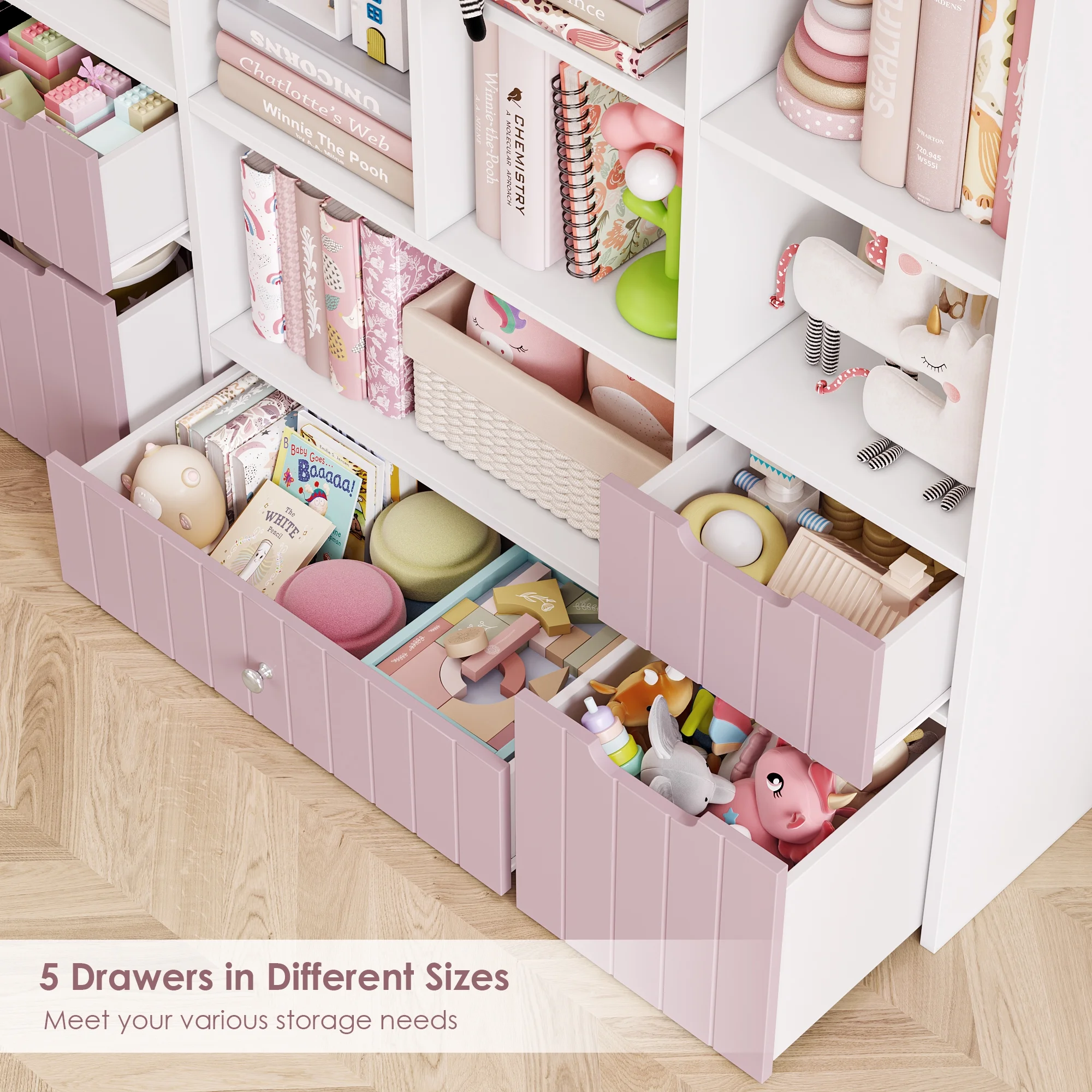 Homfa Kids Toy Storage Organizer with Cubby, Kids Toy Storage Chest with Removable Drawers, Kids Bookcase for Playroom Bedroom Living Room, Pink - Image 2