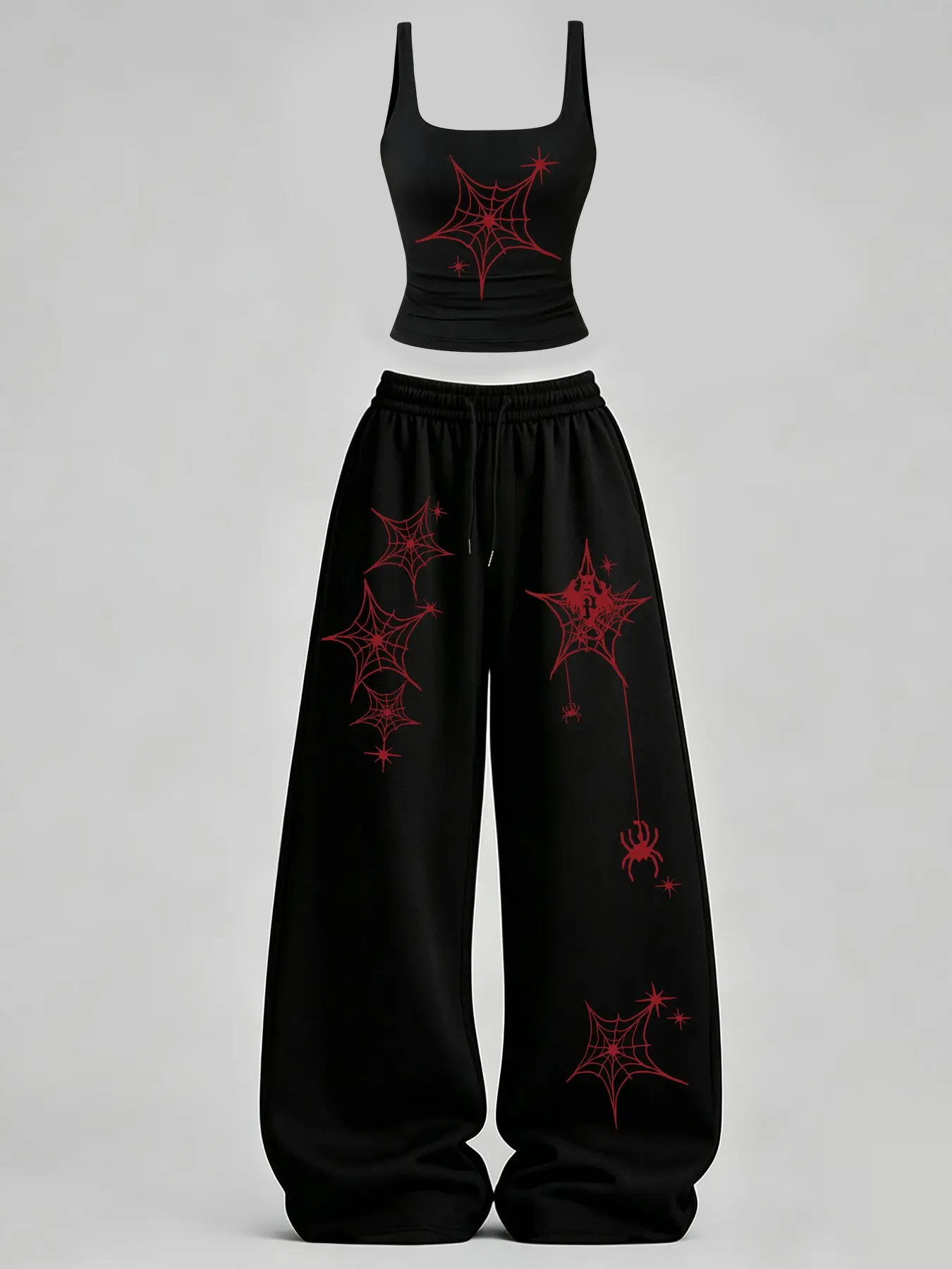 Women's Casual Tank Top Set, Slim-Fit U-Neck Backless Vest & Loose Long Pants, Butterfly Spider Web Print TeeThreads Sustain the Scene with Custom Apparel
