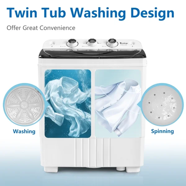 20Lb Twin Tub Washing Machine w/ Built-In Pump - Semi-Automatic 1300RPM Compact Washer for Apartment, Dorm, RV, Camping, White/Black - Image 7