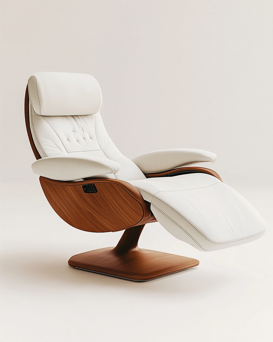 Sillón reclinable eléctrico de piel blanca con base de madera curvada