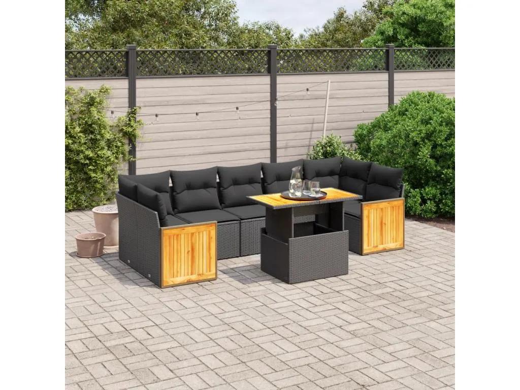 Set de sofás de jardín 8 piezas y cojines ratán sintético negro wwcb10366
