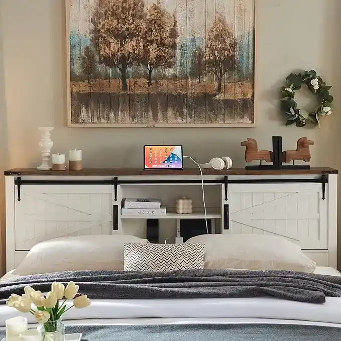 Farmhouse Platform Bed with Storage Headboard Sliding Doors and Charging Station