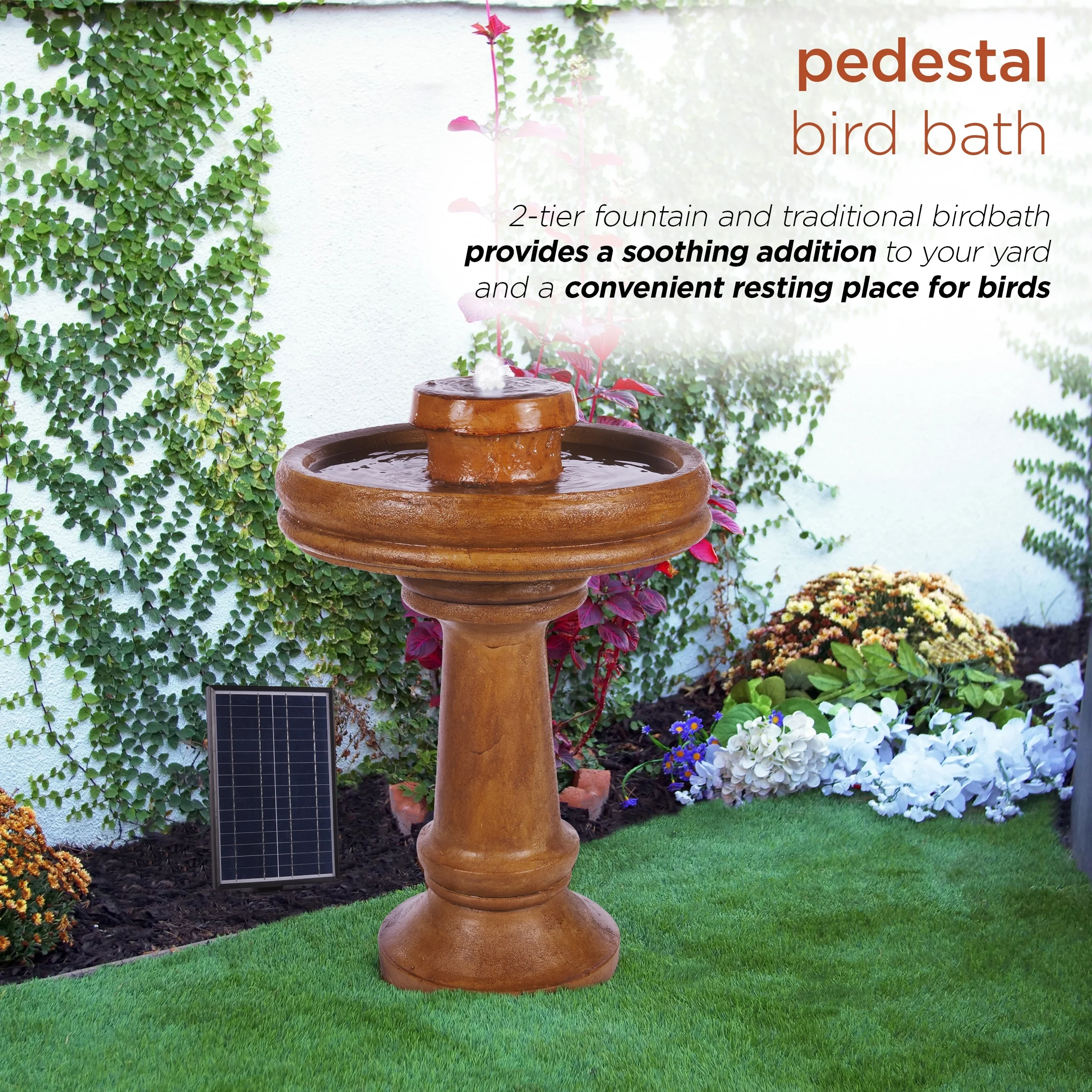 Alpine Corporation 29" Outdoor Birdbath Fountain with LED Lights Classic Pedestal Solar-Powered Garden Water Feature, Brown - Image 4