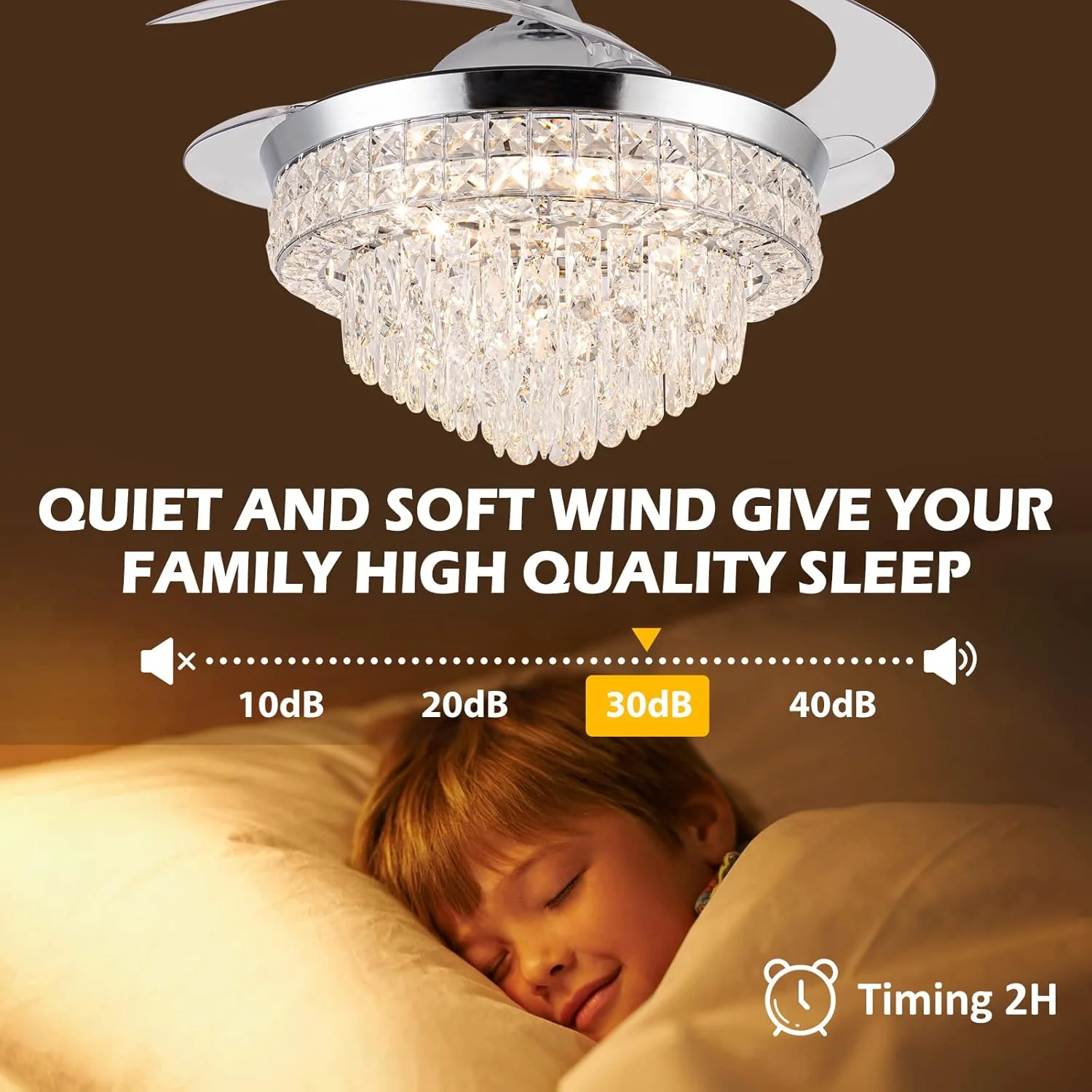 Datingday 42 Inch Crystal Ceiling Fan Golden Crystal Ceiling Fan Chandelier with Remote 6 Speeds 3 Colors Changes Lighting Fixture, 4 Blades Retractable Fans for Bedroom Living Room Dining Room - Image 21
