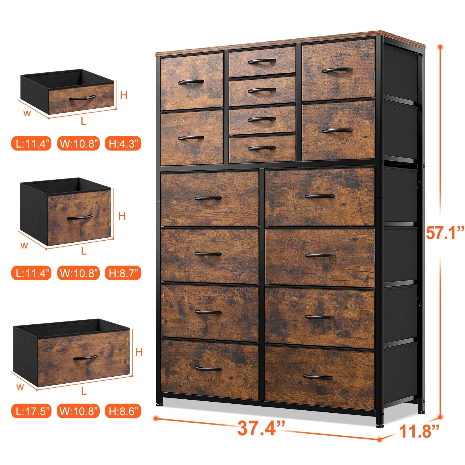 EnHomee Large Dresser for Bedroom Furniture Dresser with 16 Drawers Fabric Tall Dresser Closet Dresser Chest of Drawers Clothes Storage Slim for Living Room Office, Rustic Brown Wood Grain Print - Image 11