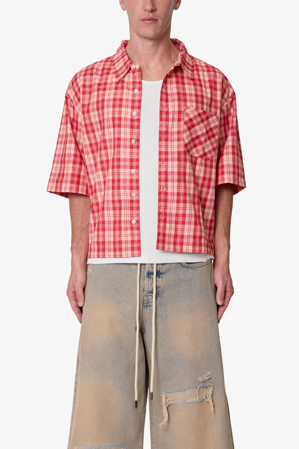 Crop Flannel S/S Shirt - Red