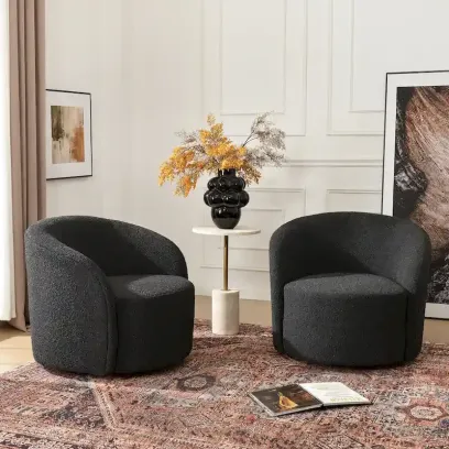 Set of 2 KINWELL 34-Inch Wide Upholstered Swivel Barrel Chairs