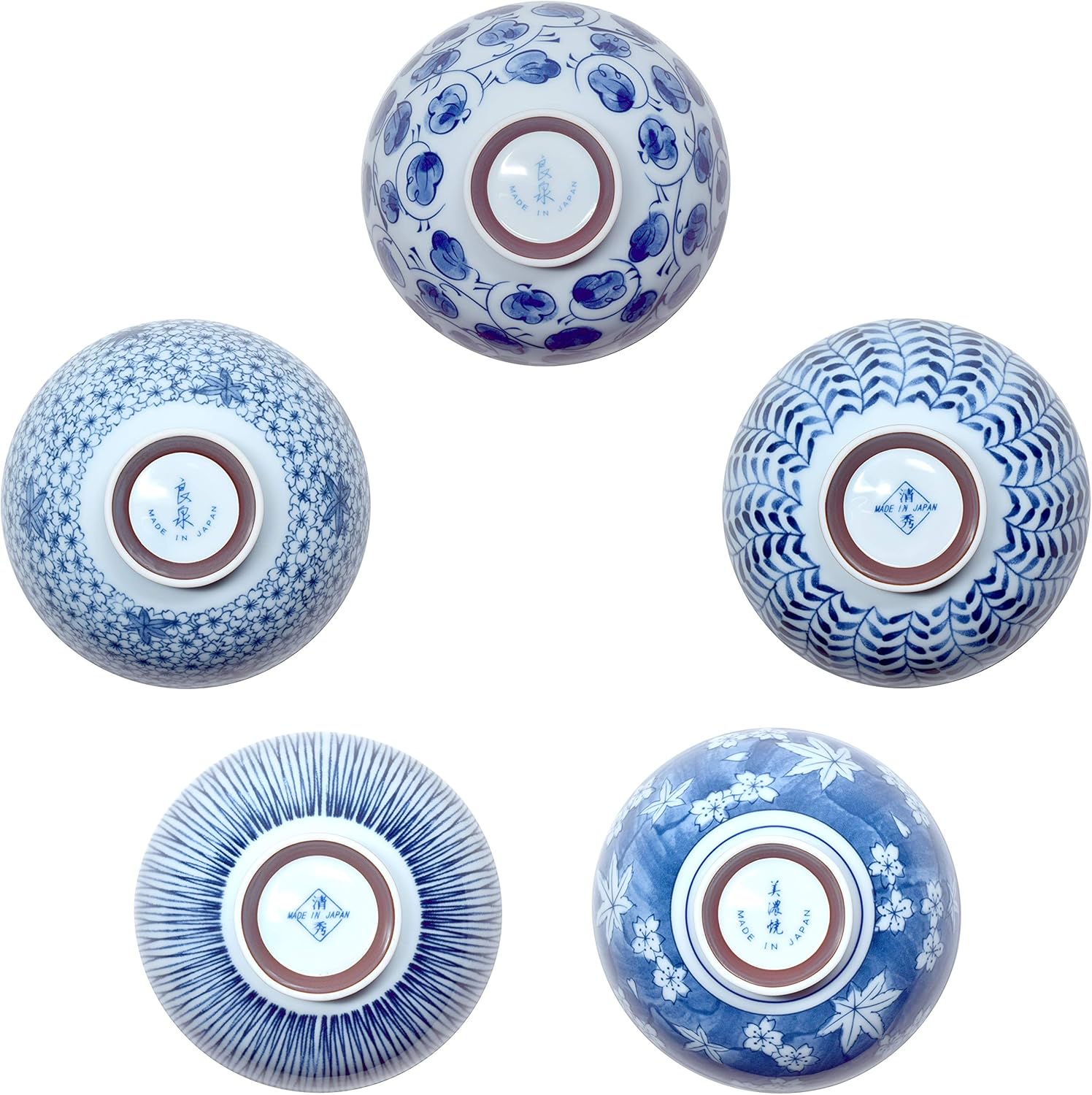 Japanese Handcrafted Rice Bowl, Authentic Mino Ware Pottery, Aie gawari Chawan, set of 5